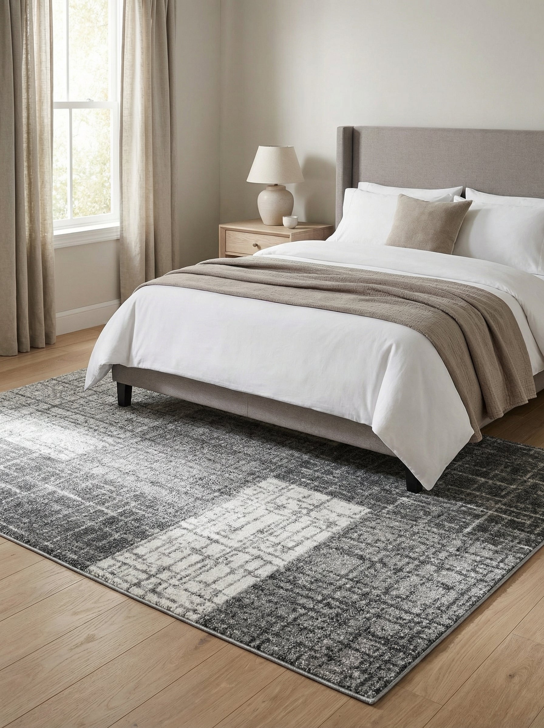 Tapis rectangulaire gris et blanc cassé à motifs géométriques de carrés effacés, posé sur un parquet clair dans une chambre