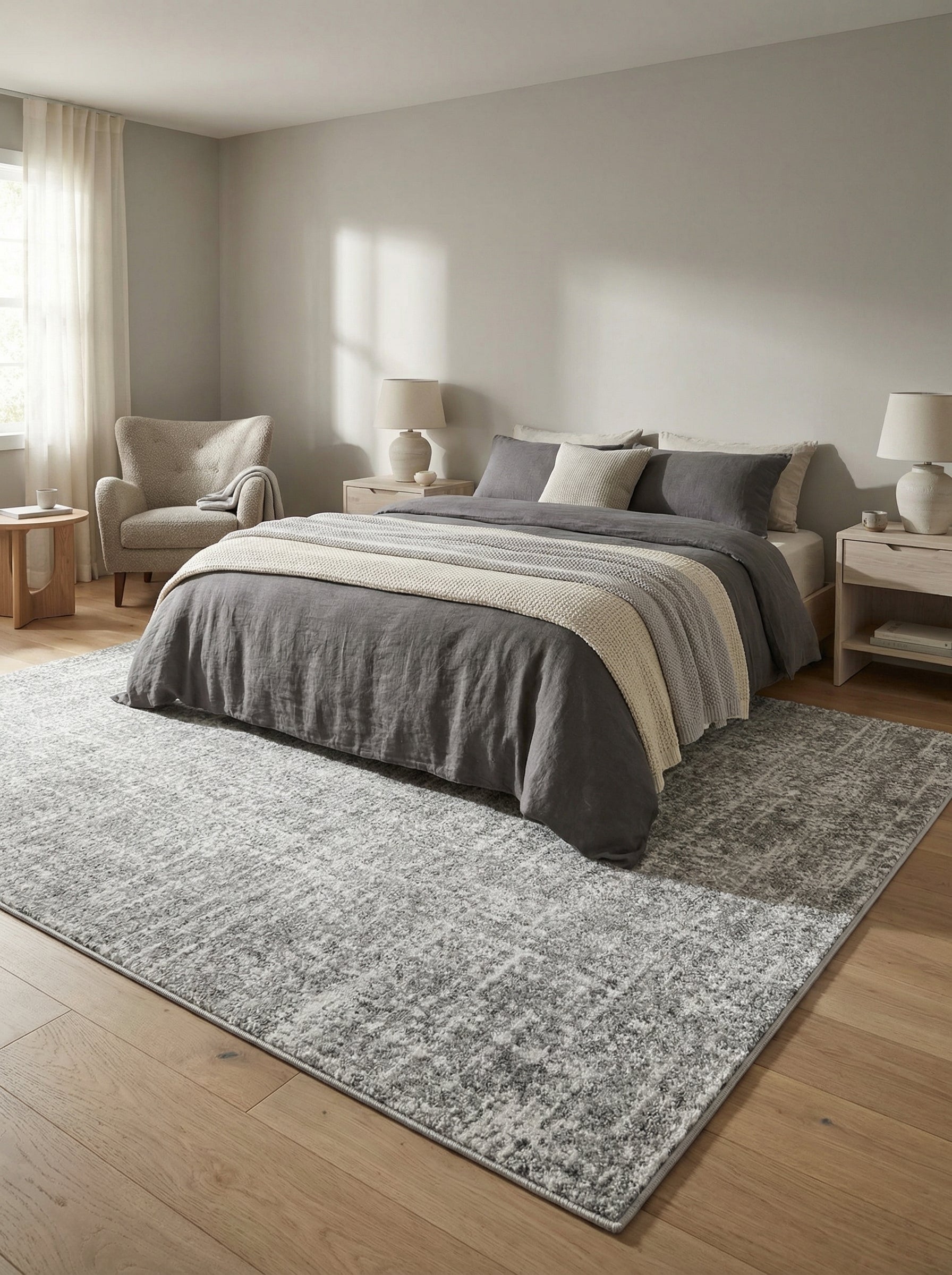 Tapis rectangulaire gris clair et crème aux motifs abstraits et texturés, couvrant le sol d'une chambre moderne