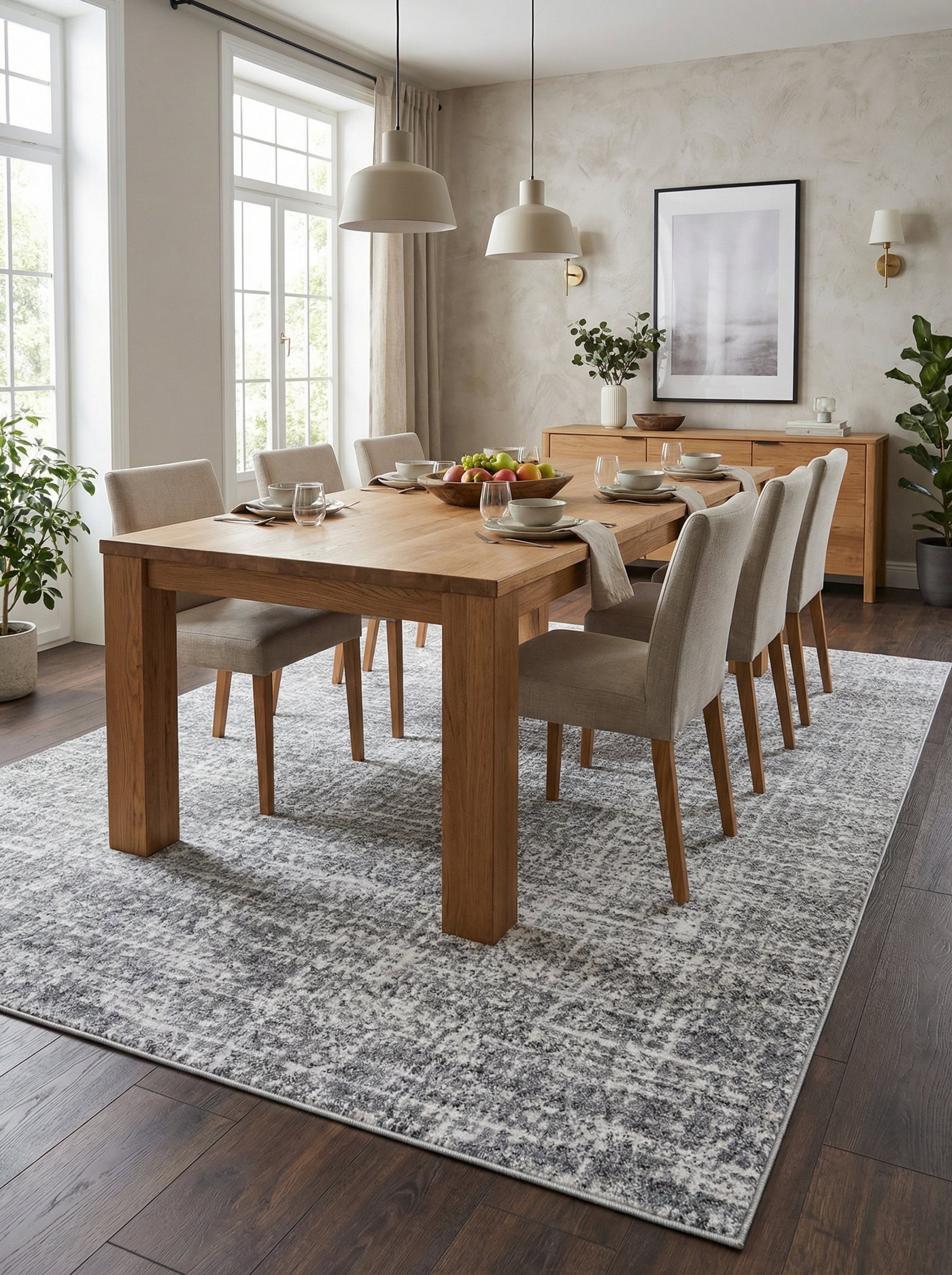 Tapis rectangulaire à motifs abstraits gris et blancs effet vieilli, couvrant le sol d'une salle à manger moderne
