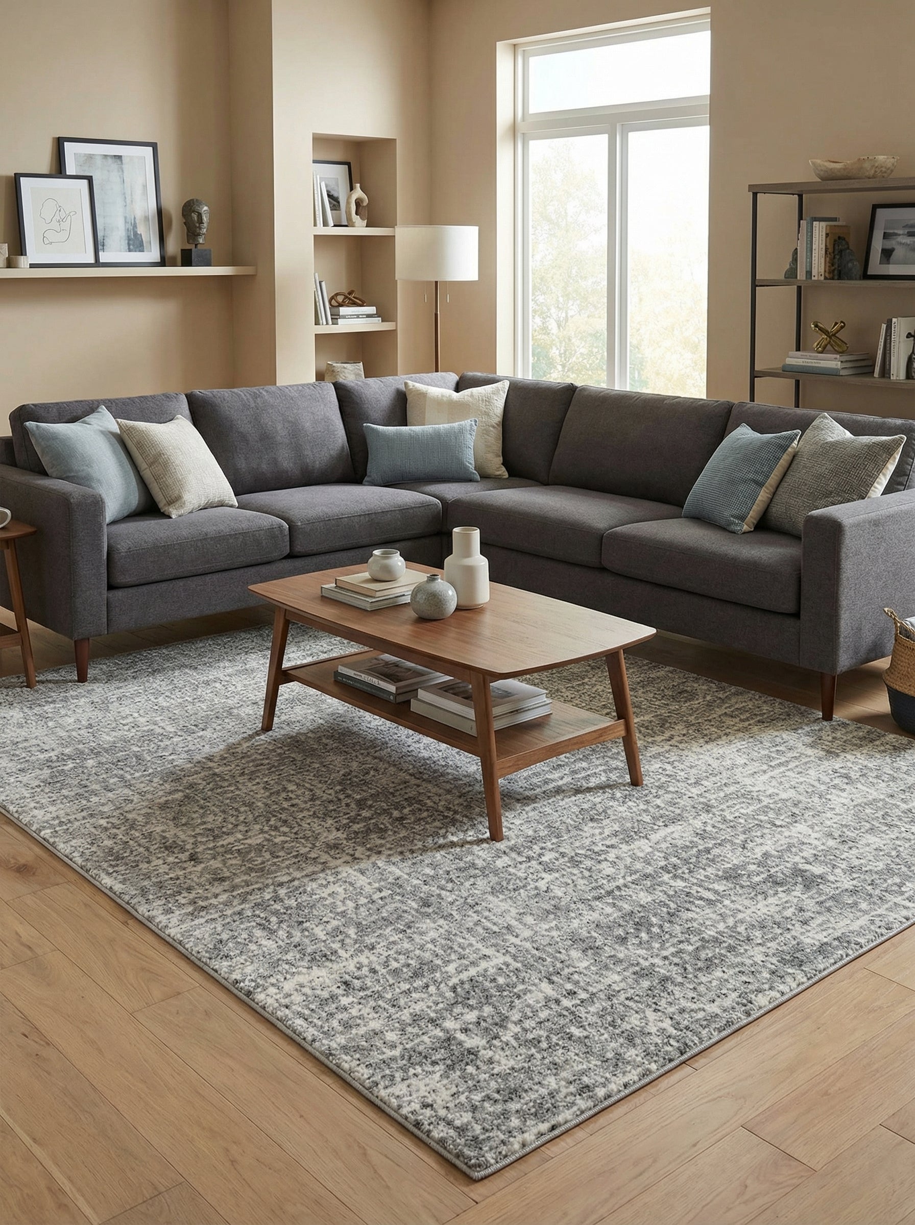 Tapis rectangulaire à motifs abstraits gris clair et blanc cassé sur un parquet en bois dans un salon moderne