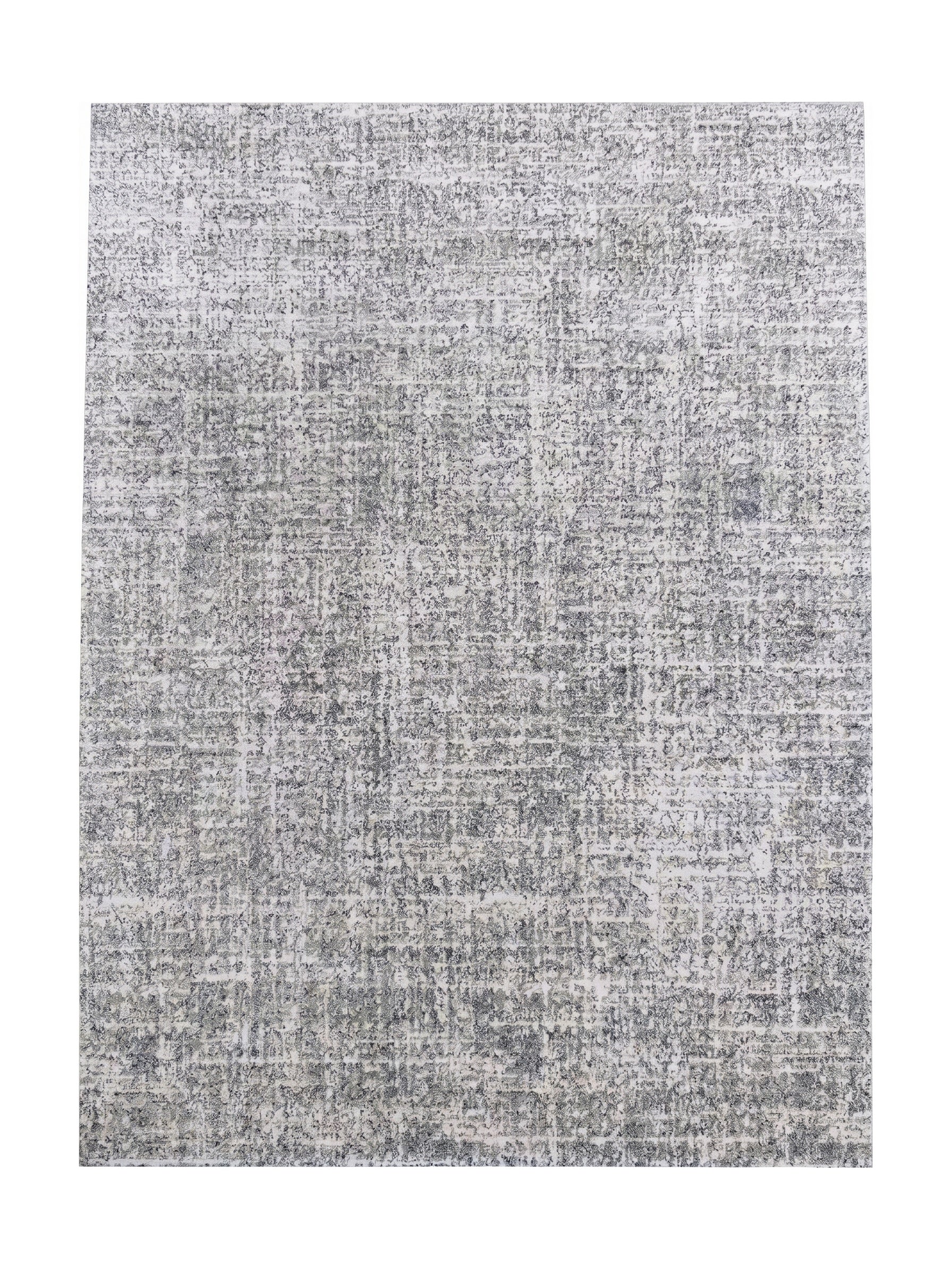 Tapis rectangulaire aux tons de gris clair et foncé avec un motif abstrait texturé, aspect moucheté et doux