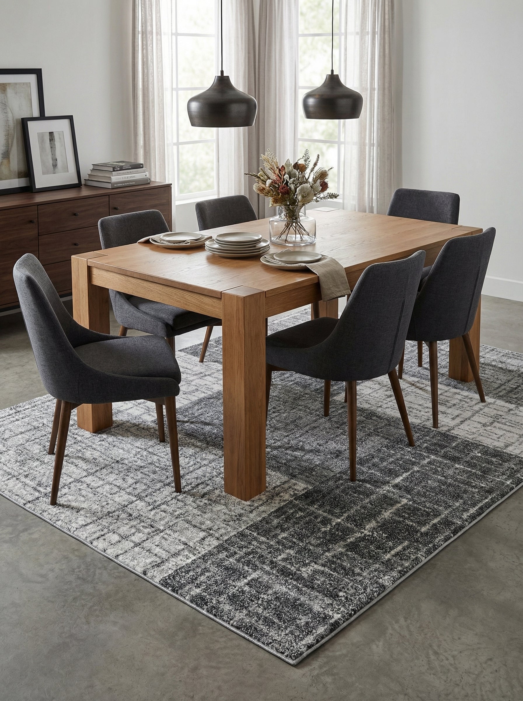 Tapis rectangulaire gris aux motifs géométriques abstraits mêlant nuances claires et foncées, dans une salle à manger
