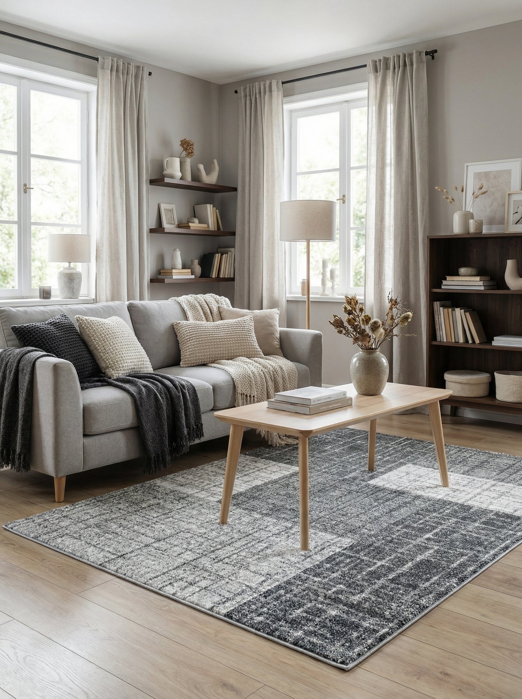 Tapis rectangulaire aux teintes de gris foncé, gris clair et blanc, avec un motif quadrillé abstrait et texturé, dans un salon