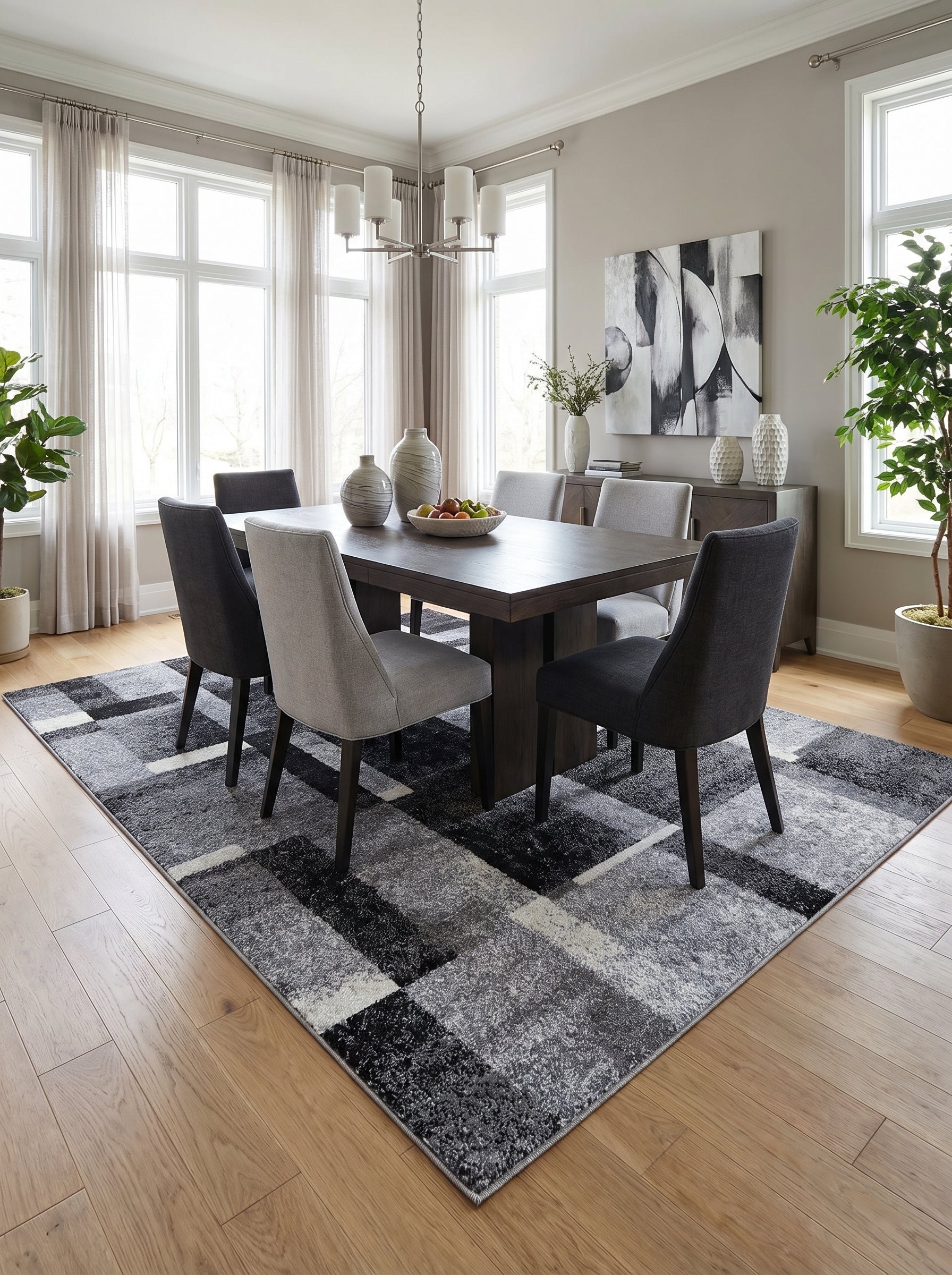 Grand tapis rectangulaire aux motifs géométriques abstraits gris, noirs et blancs texturés sous une table de salle à manger