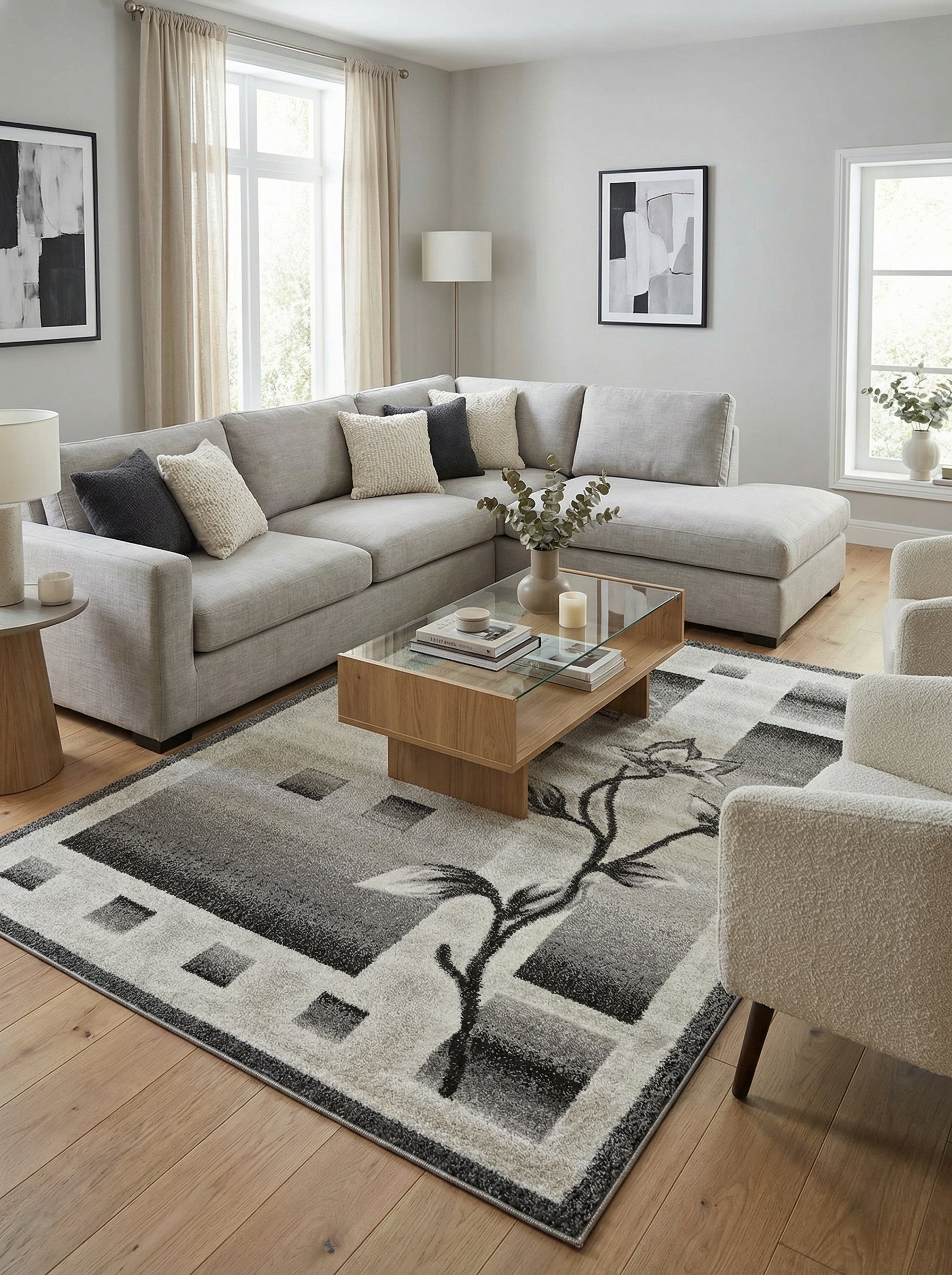 Tapis rectangulaire aux motifs géométriques gris et crème, entrelacés d'une branche foncée stylisée, posé dans un salon moderne