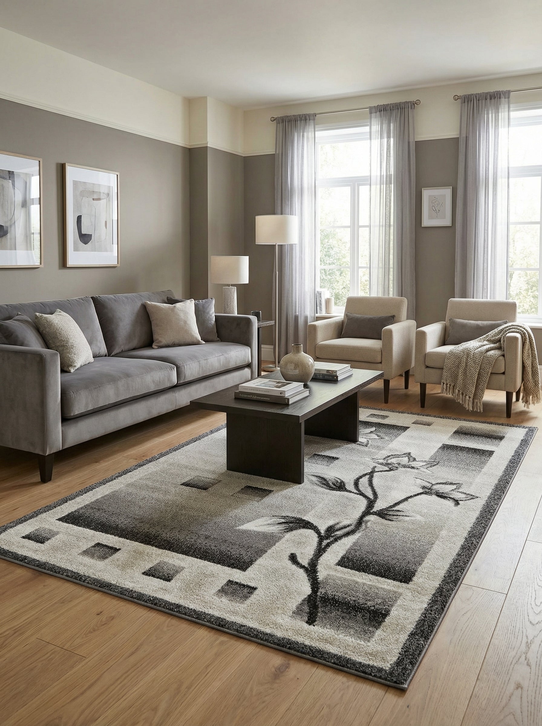 Tapis rectangulaire à poils doux, orné de motifs floraux noirs et de formes géométriques grises et claires, dans un salon