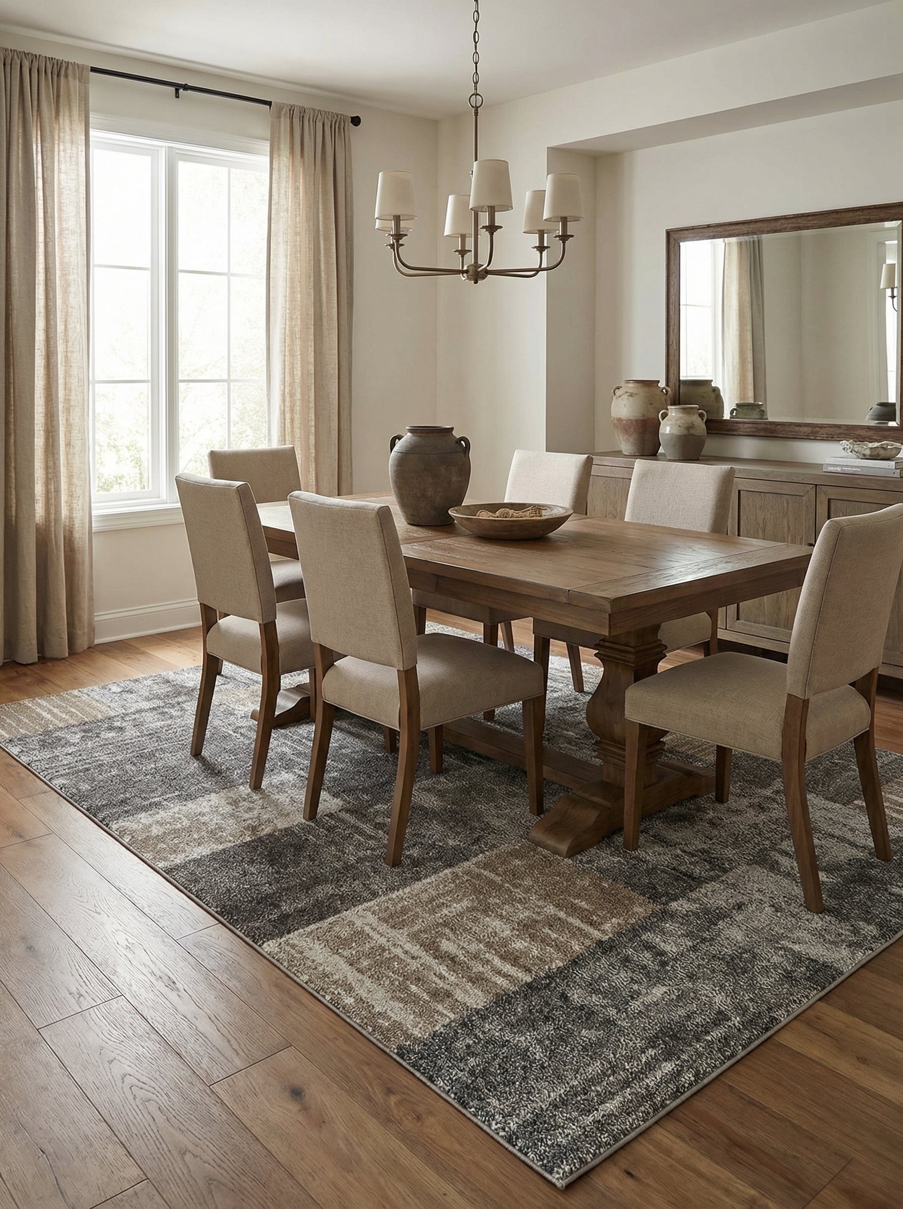 Tapis rectangulaire aux motifs abstraits gris, noirs et beiges, avec des blocs texturés, posé sous une table de salle à manger