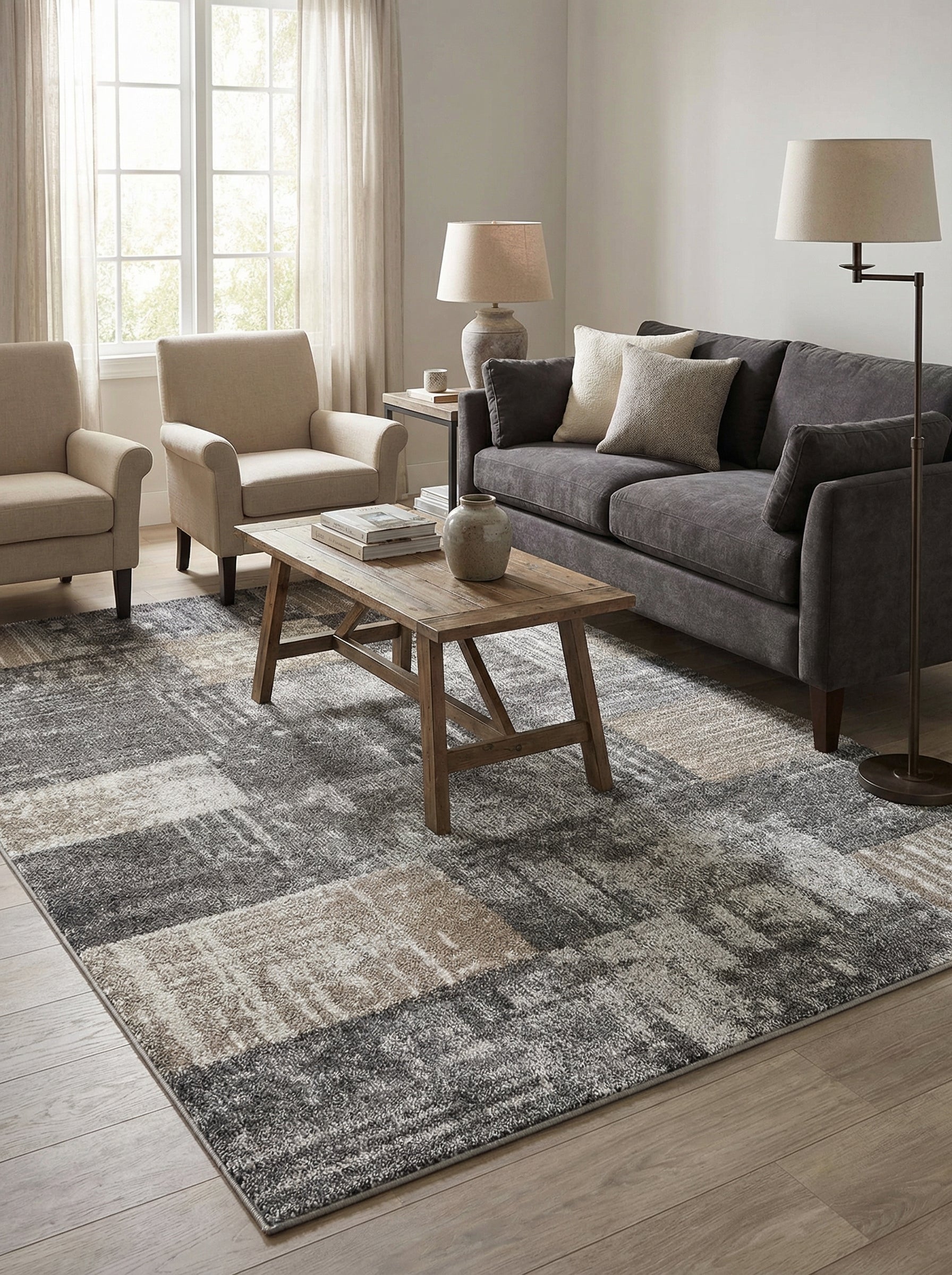 Tapis rectangulaire gris anthracite, gris clair et beige avec un motif abstrait texturé, posé sur un plancher en bois dans un salon
