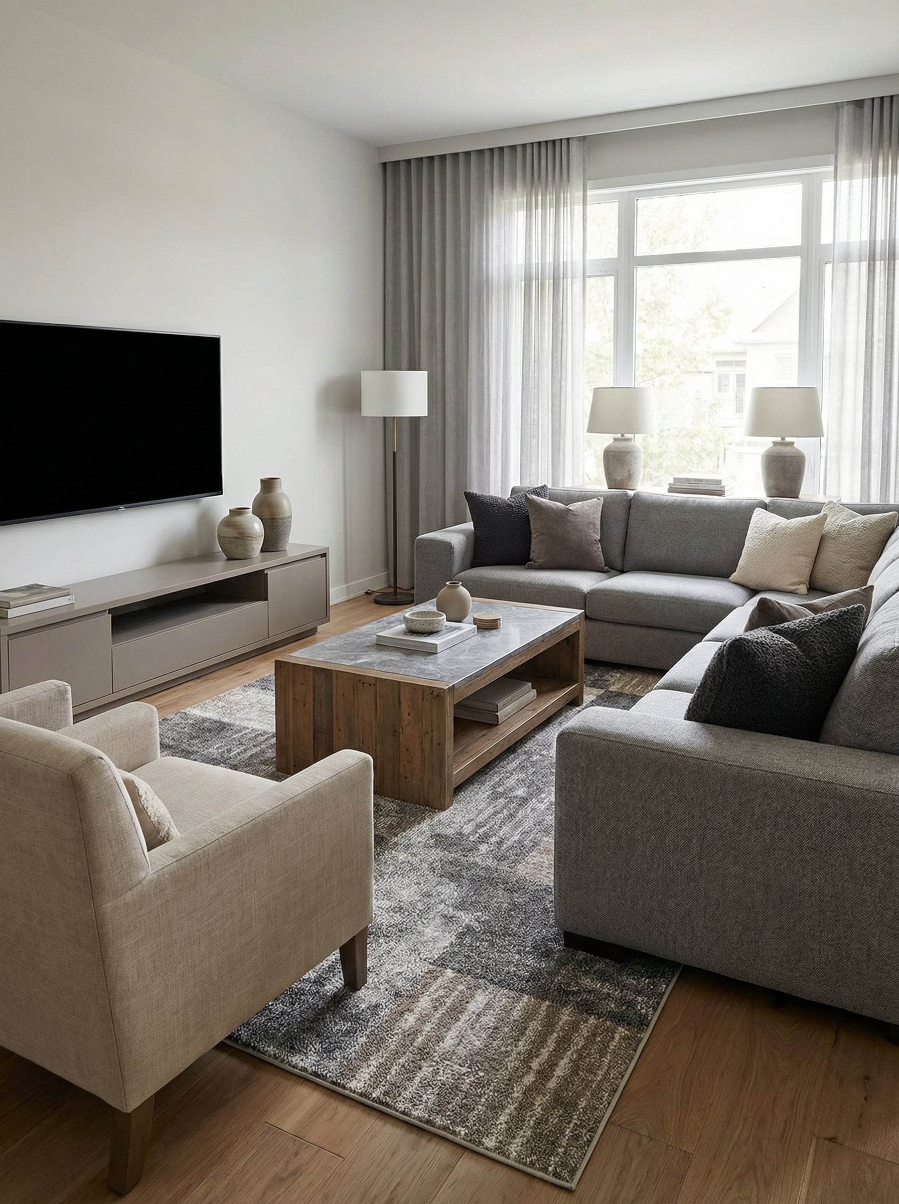 Tapis rectangulaire aux motifs abstraits gris anthracite et beige, mêlant des textures variées, dans un salon
