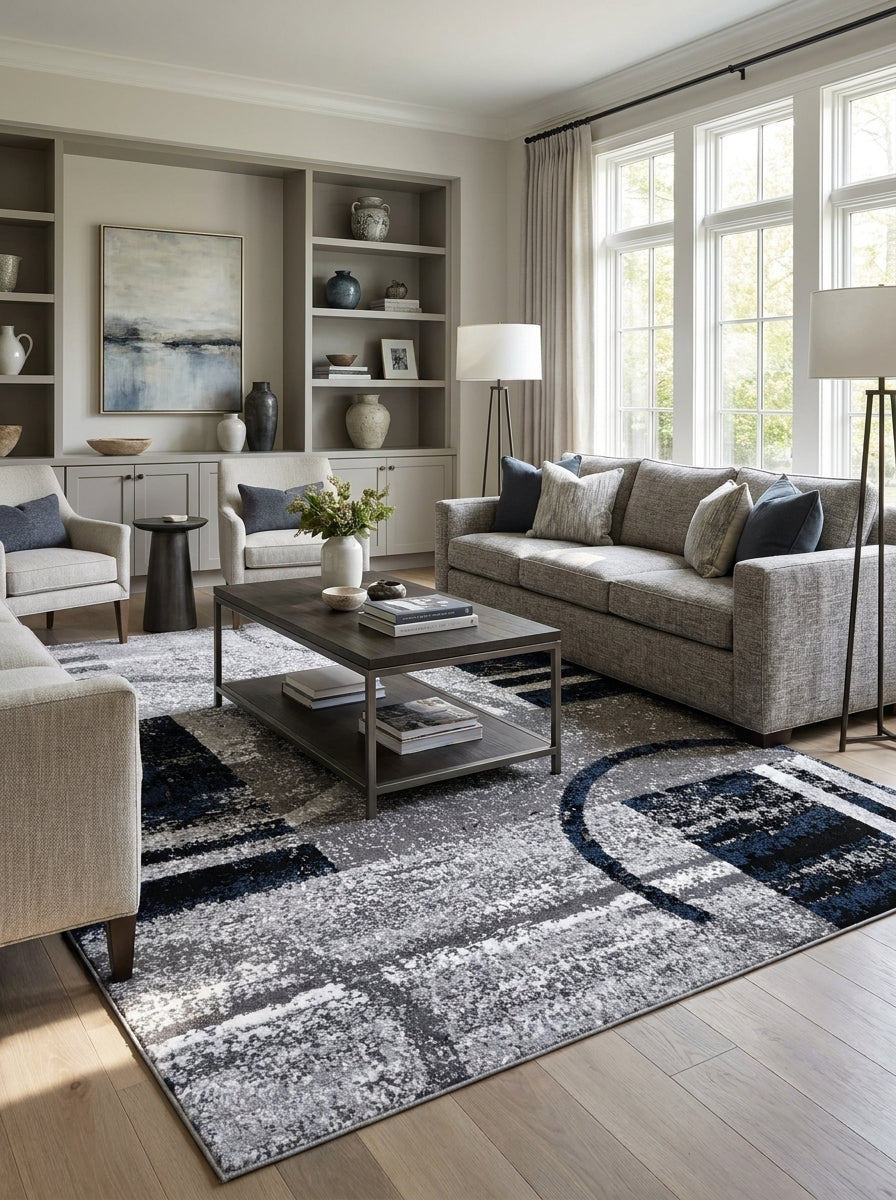 Tapis rectangulaire aux motifs abstraits géométriques gris, blanc et bleu marine dans un salon lumineux