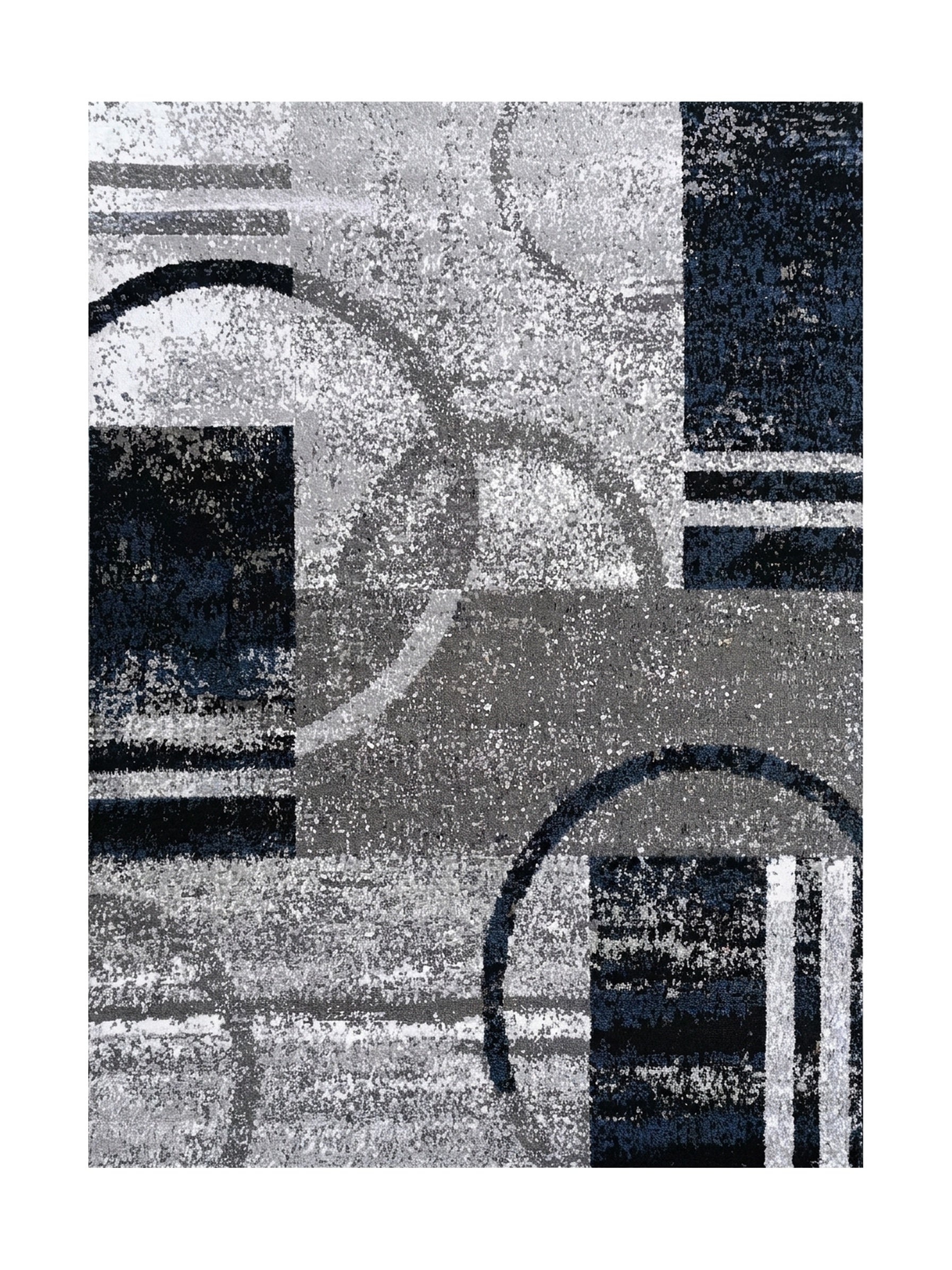 Tapis à motifs géométriques de cercles, rectangles et bandes gris, noirs, blancs et bleu foncé sur fond texturé moucheté