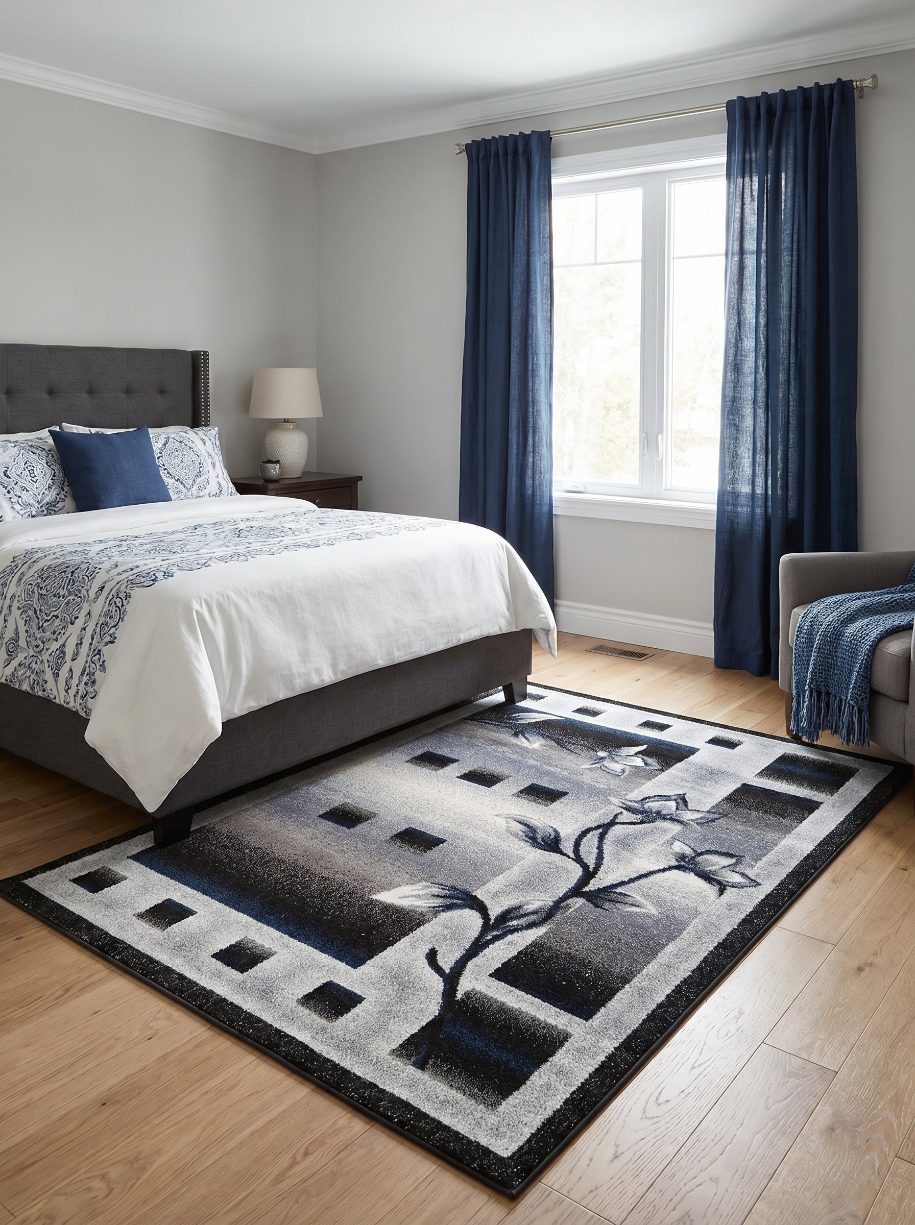 Tapis rectangulaire gris, noir et bleu marine à motifs géométriques et floraux stylisés, sur un plancher de bois dans une chambre