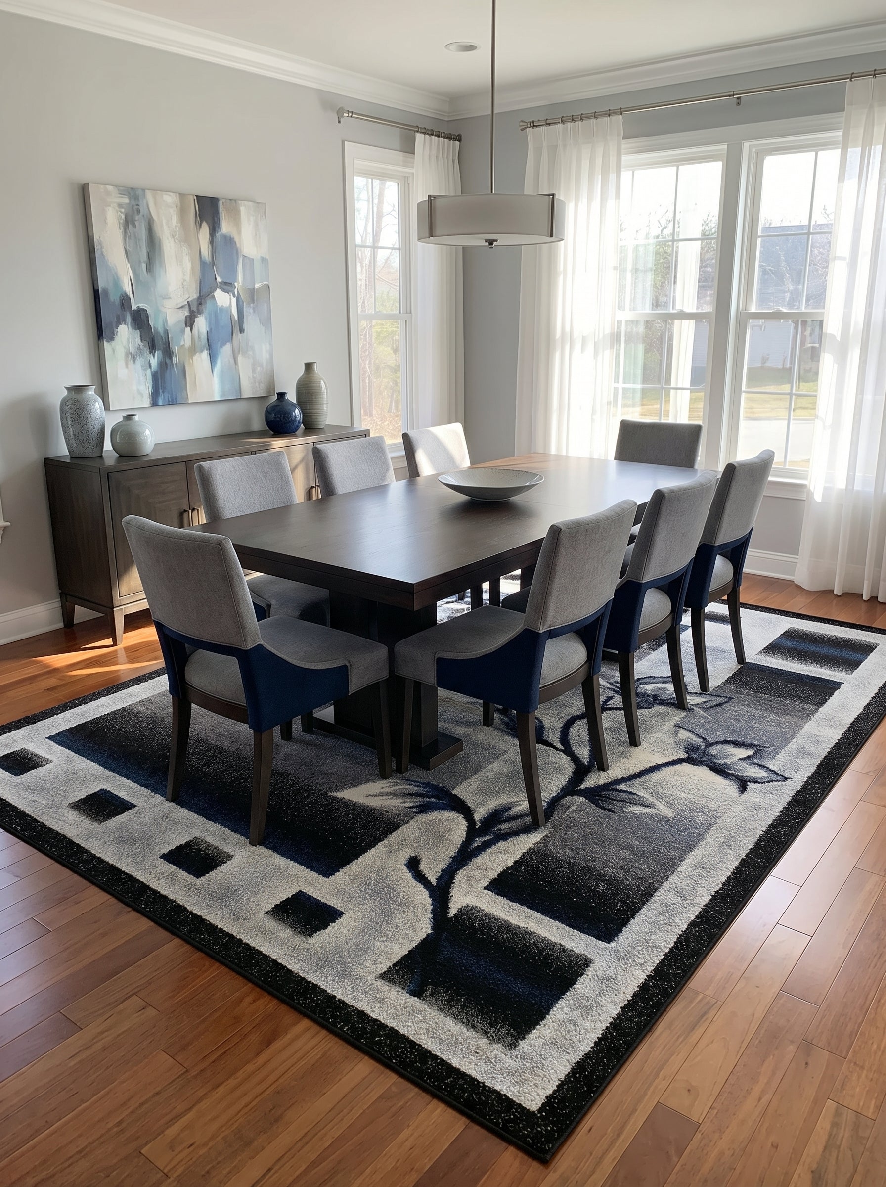 Grand tapis rectangulaire gris, noir et bleu marine, orné de motifs géométriques et de branches florales stylisées, dans une salle à manger lumineuse