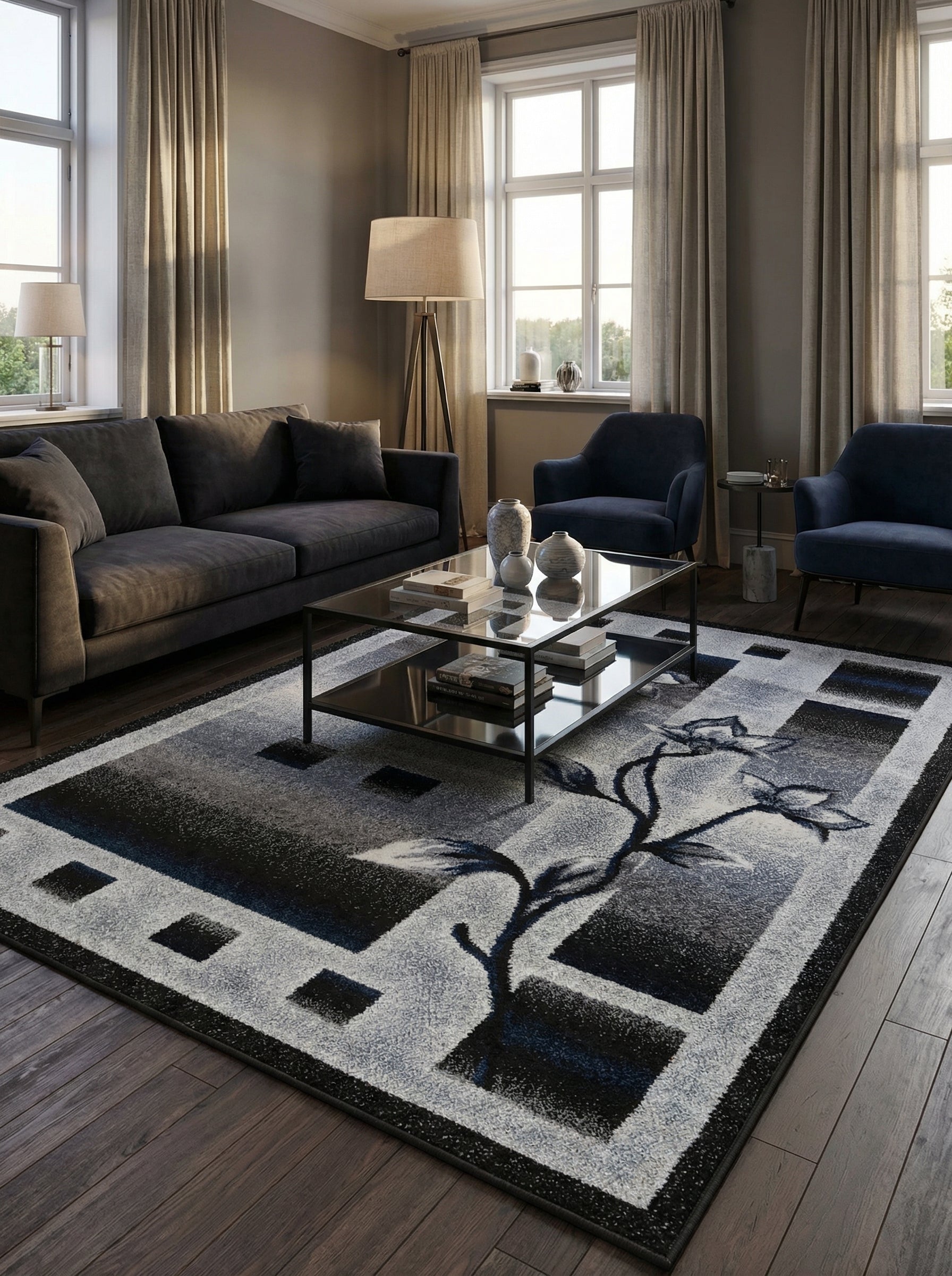 Tapis rectangulaire gris et noir avec un motif floral stylisé et des formes géométriques, dans un salon moderne