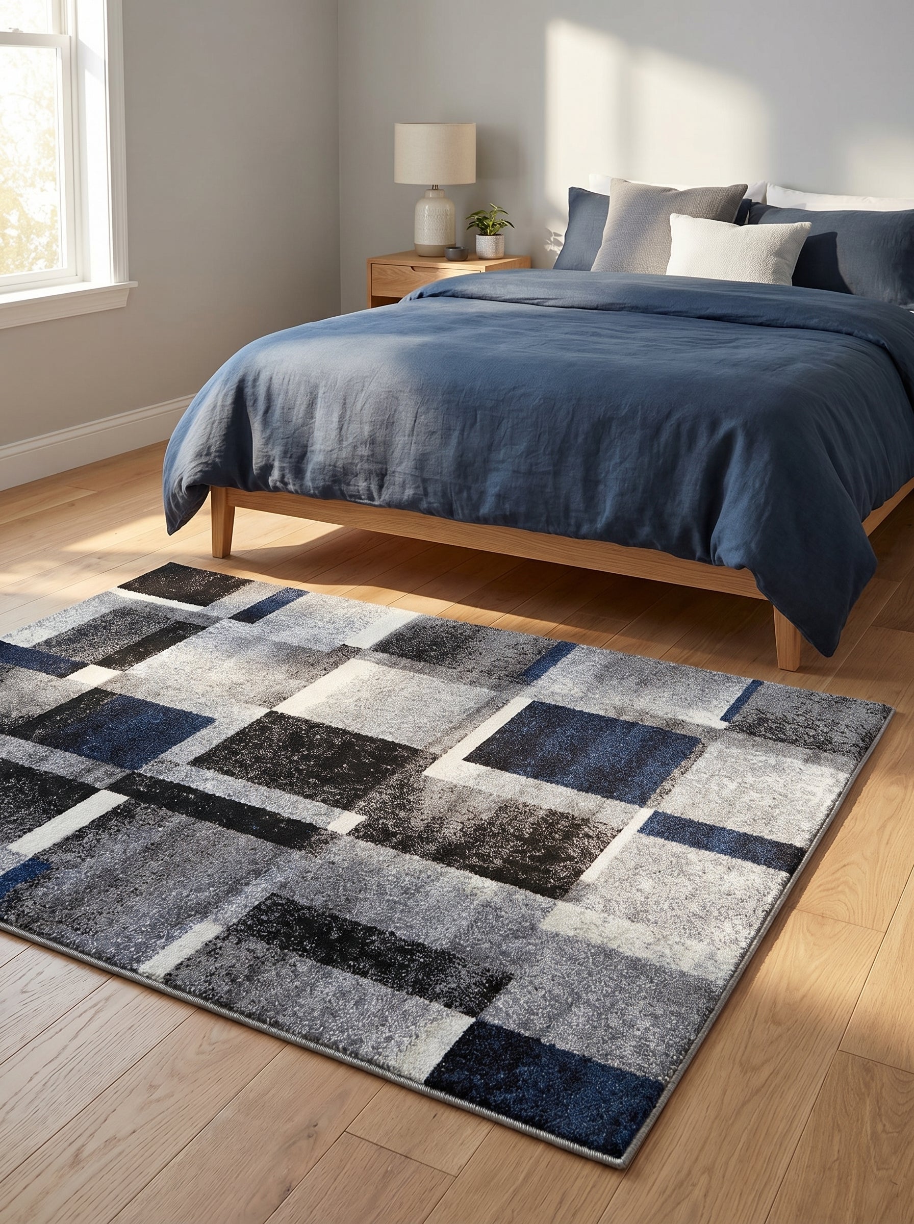 Tapis rectangulaire à motifs géométriques gris, noir, bleu et blanc, sur un plancher de bois clair dans une chambre