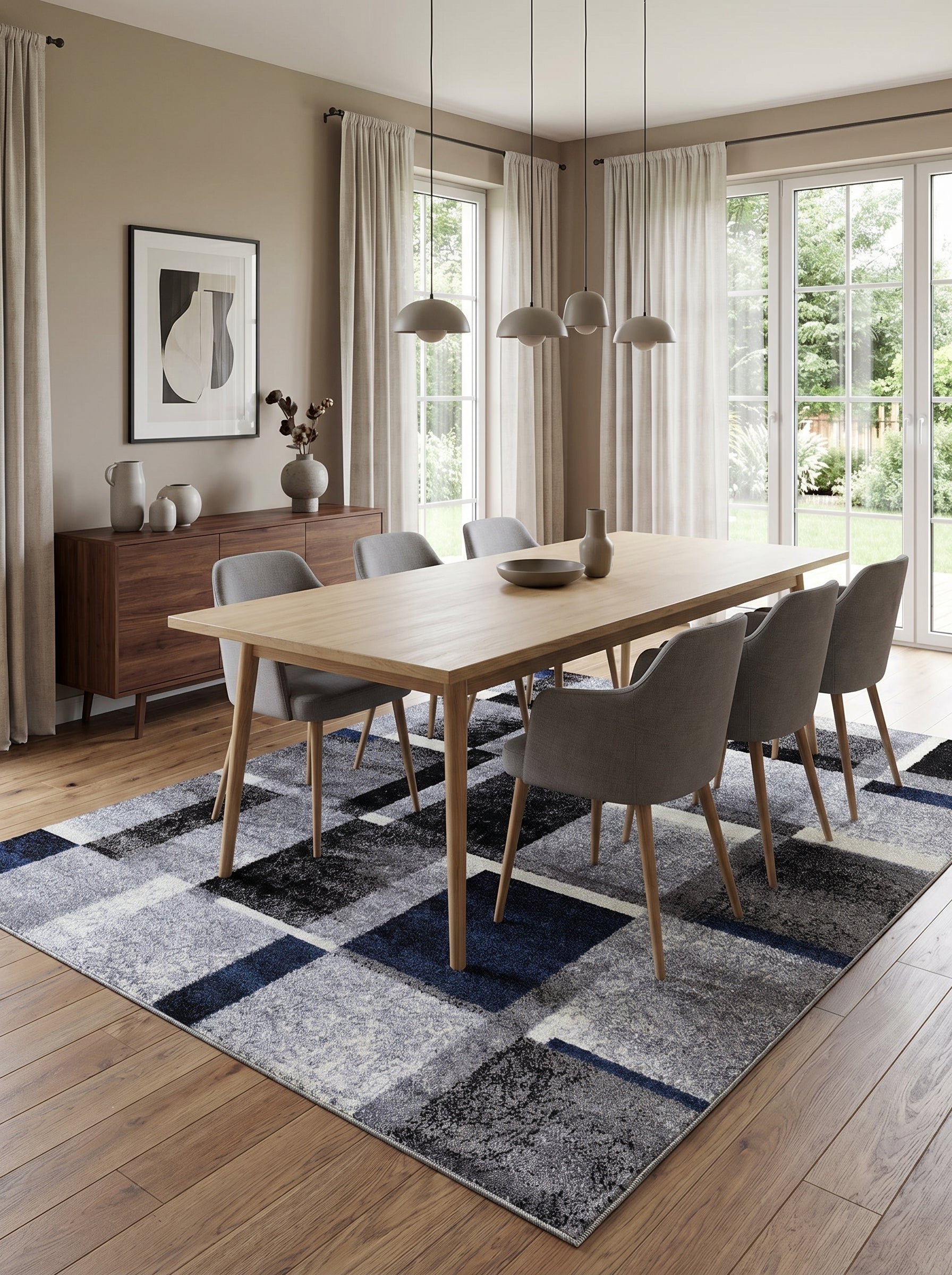 Tapis rectangulaire aux motifs géométriques bleus, gris, noirs et blancs sur un plancher en bois dans une salle à manger lumineuse