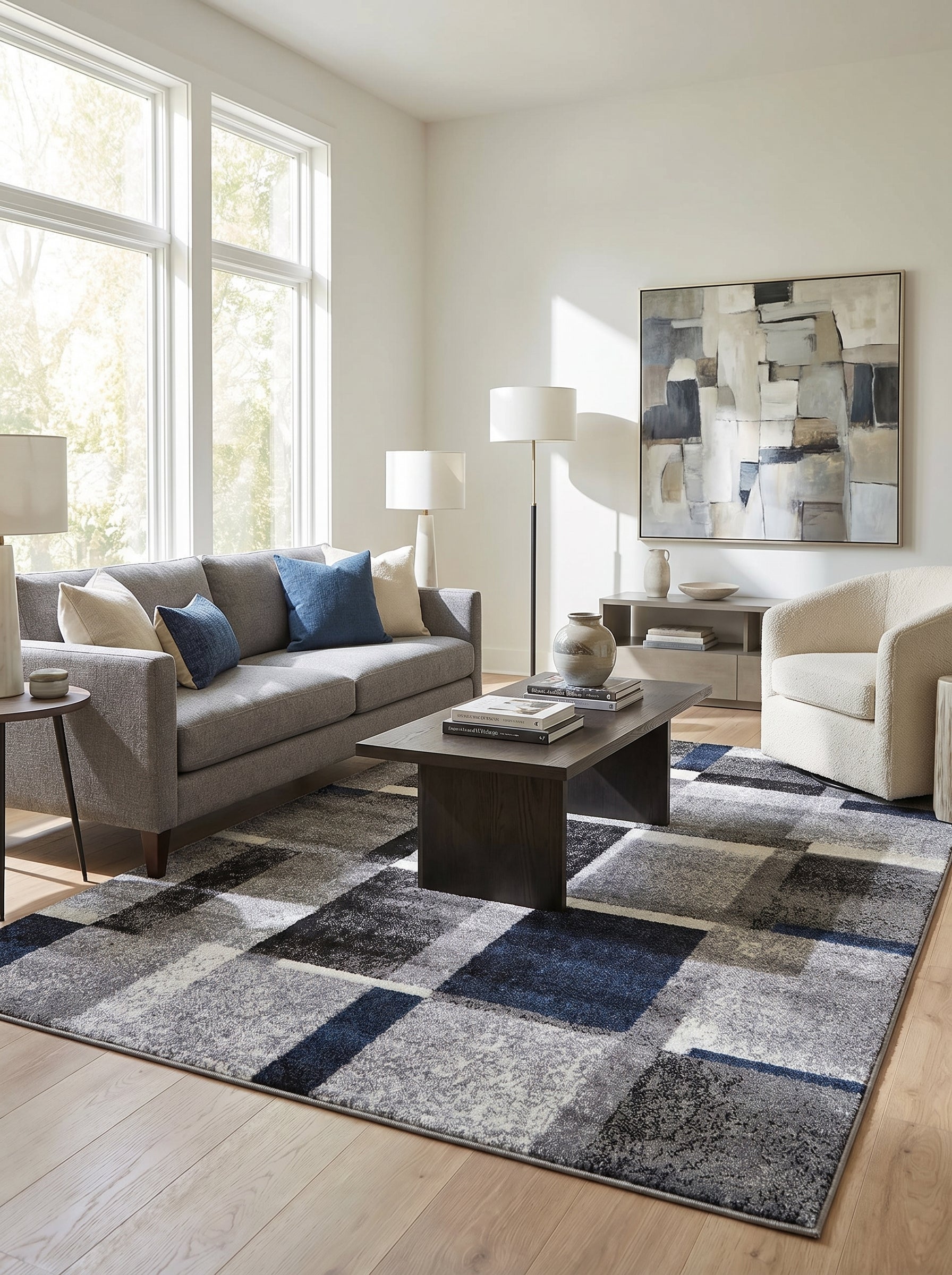 Tapis à motifs géométriques de blocs gris, noirs, blancs et bleu marine, posé sur un plancher en bois clair dans un salon moderne