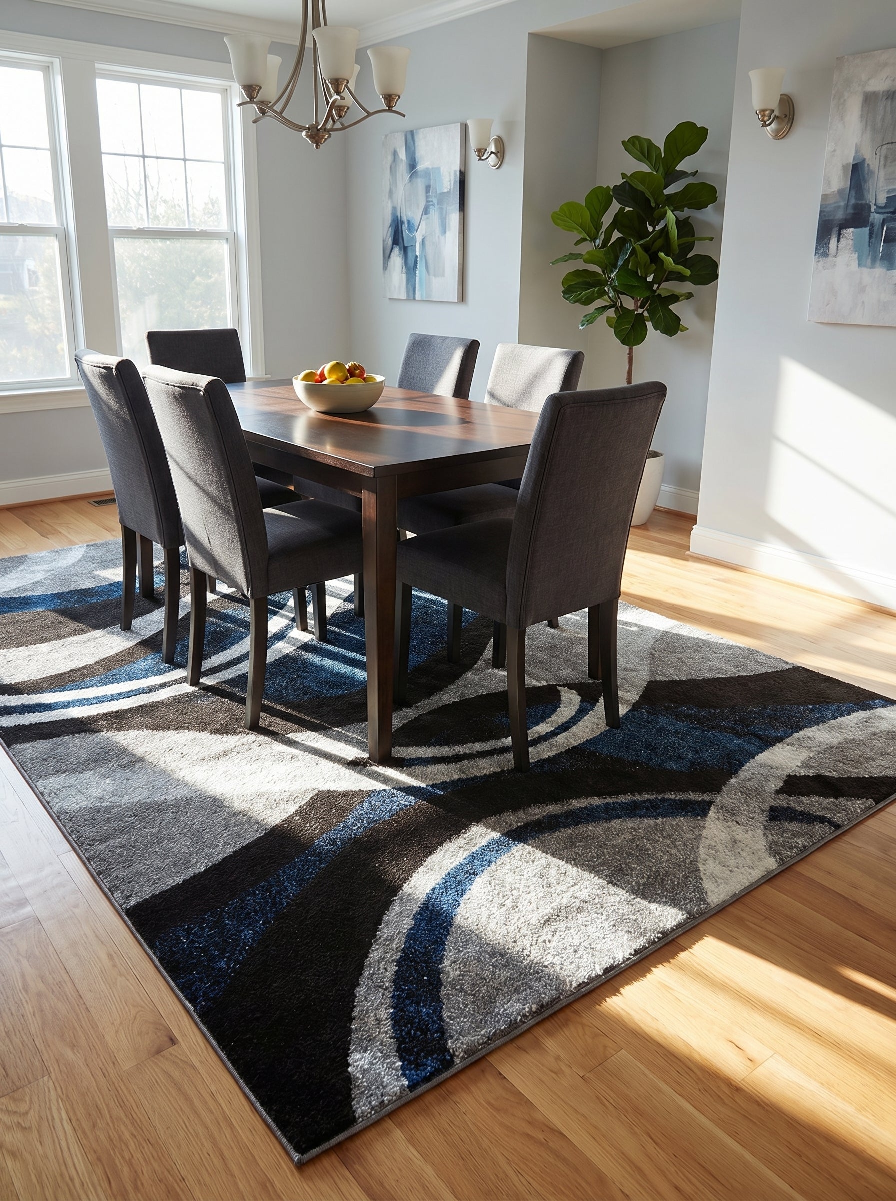 Tapis rectangulaire à poils mi-longs, avec motifs abstraits et courbés noirs, gris clairs et bleus vifs, dans un salon