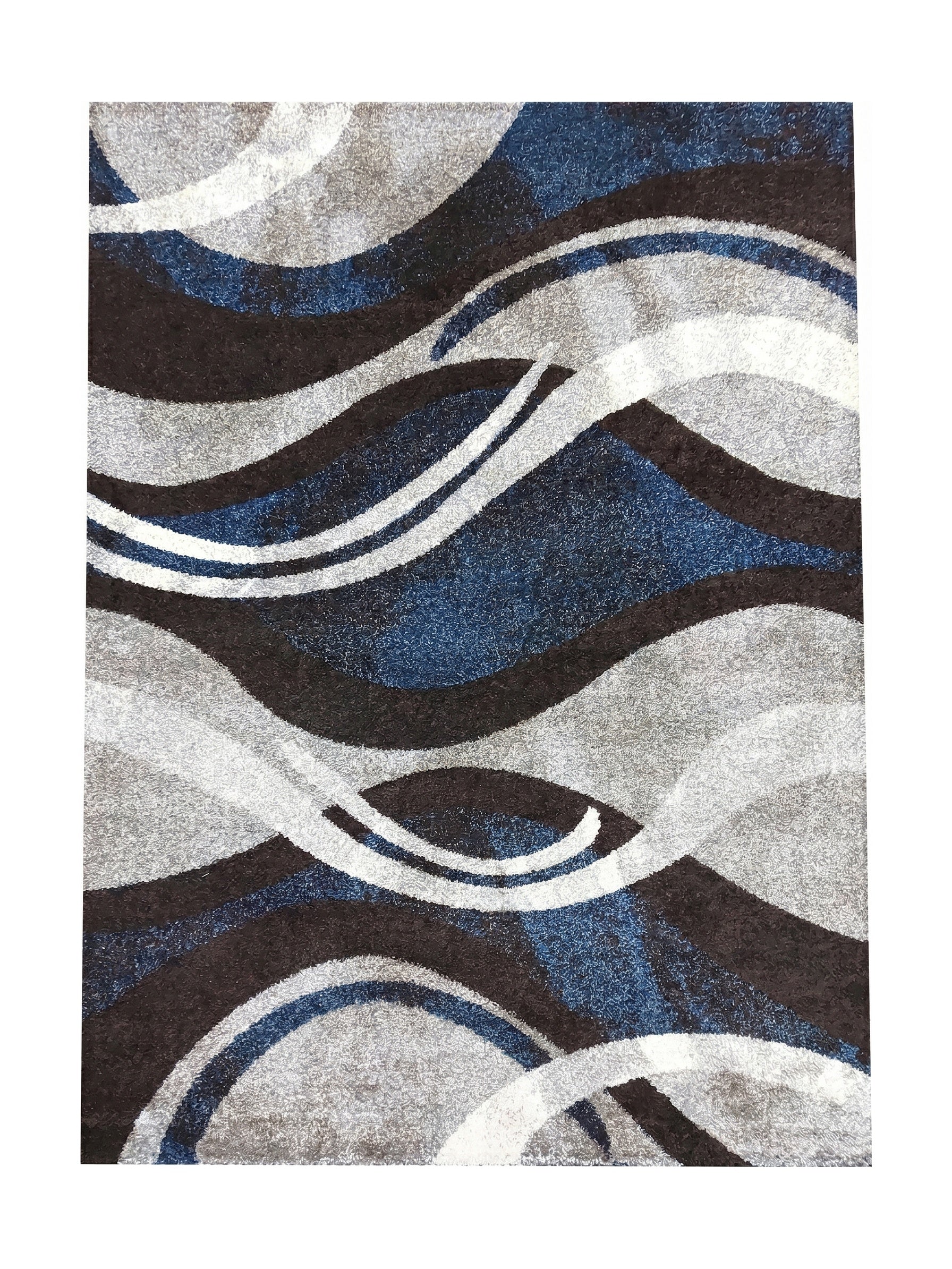 Tapis doux et moelleux à motif abstrait de vagues fluides en nuances de bleu, gris, marron foncé et blanc