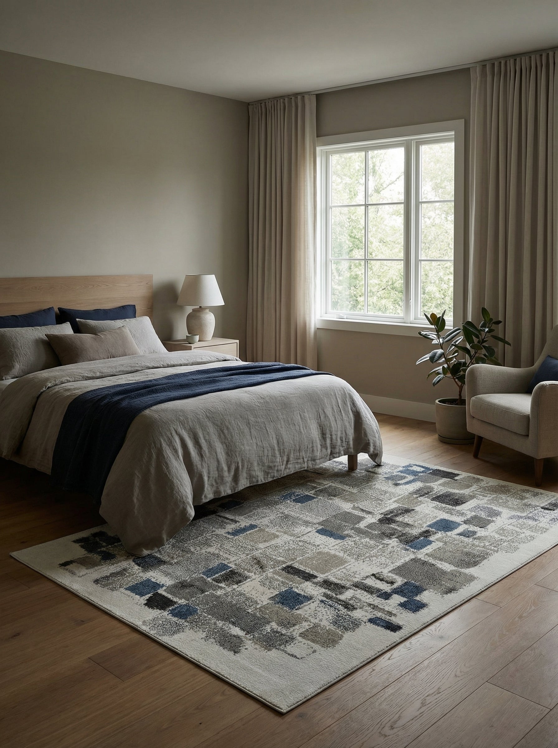 Tapis rectangulaire gris clair à motifs abstraits de carrés et rectangles bleus et gris, posé sur un parquet clair dans une chambre