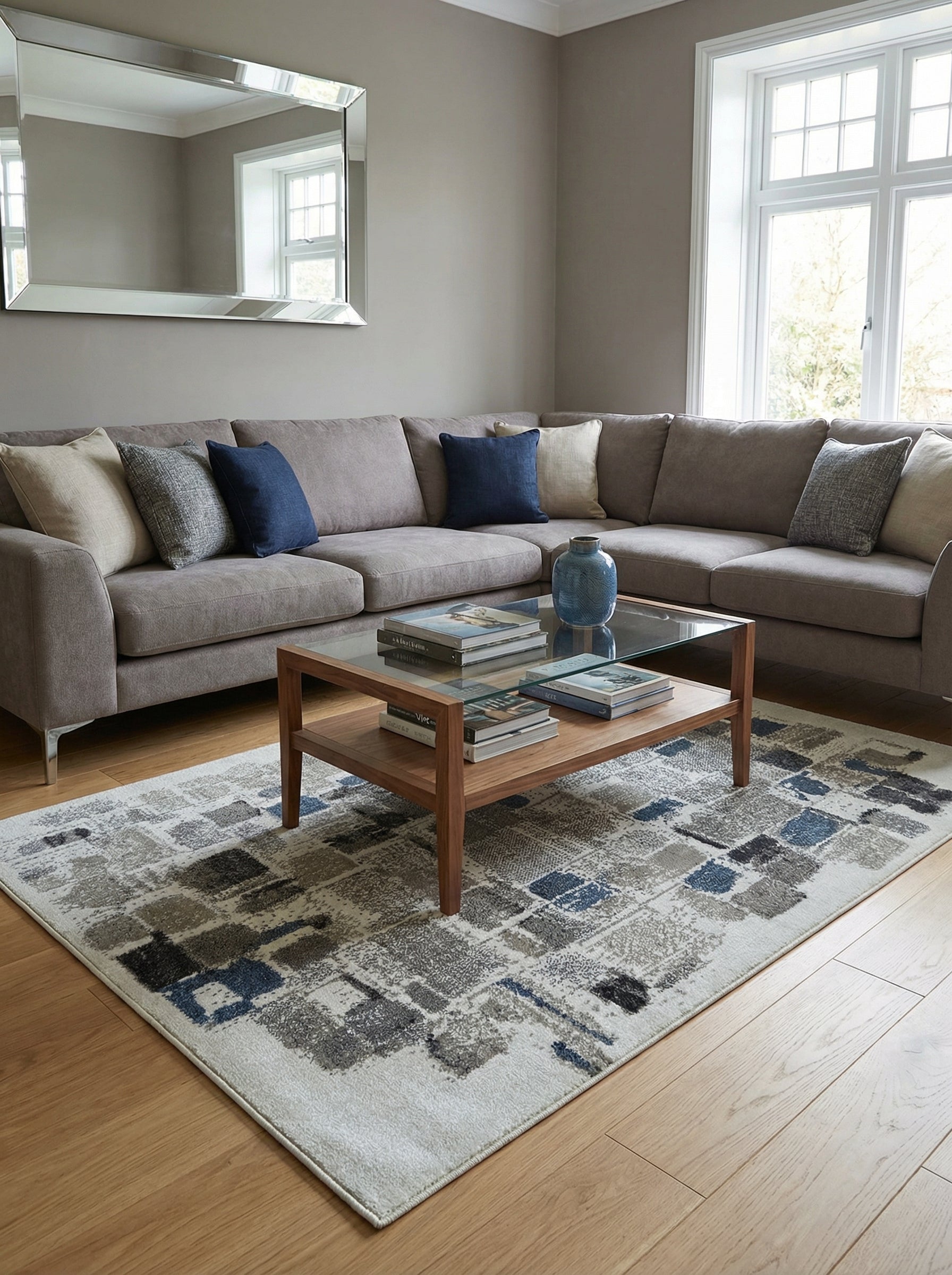 Tapis rectangulaire tissé clair aux motifs abstraits de carrés gris, noirs et bleus délavés, dans un salon moderne