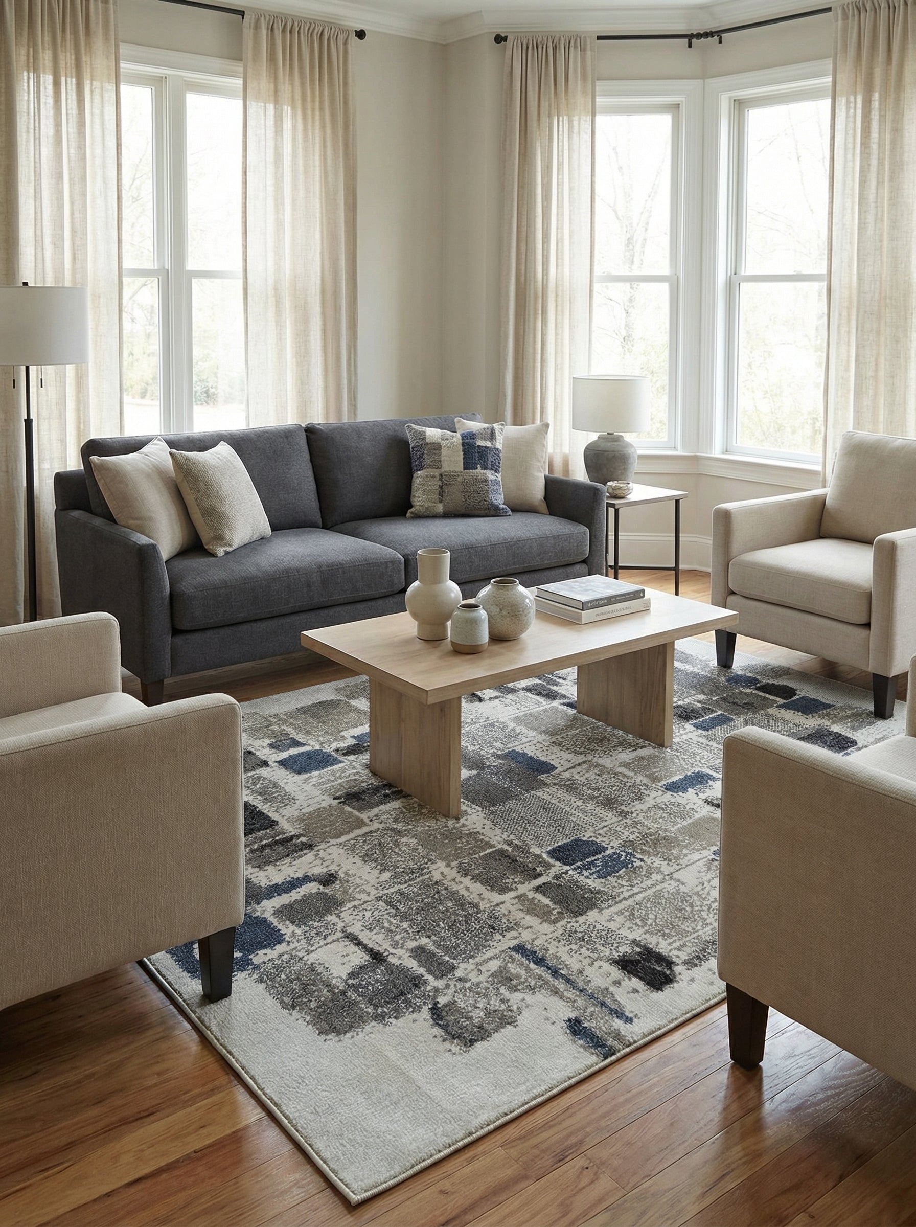 Tapis rectangulaire à motifs abstraits de carrés gris, bleu marine et blanc cassé, texture tissée, dans un salon