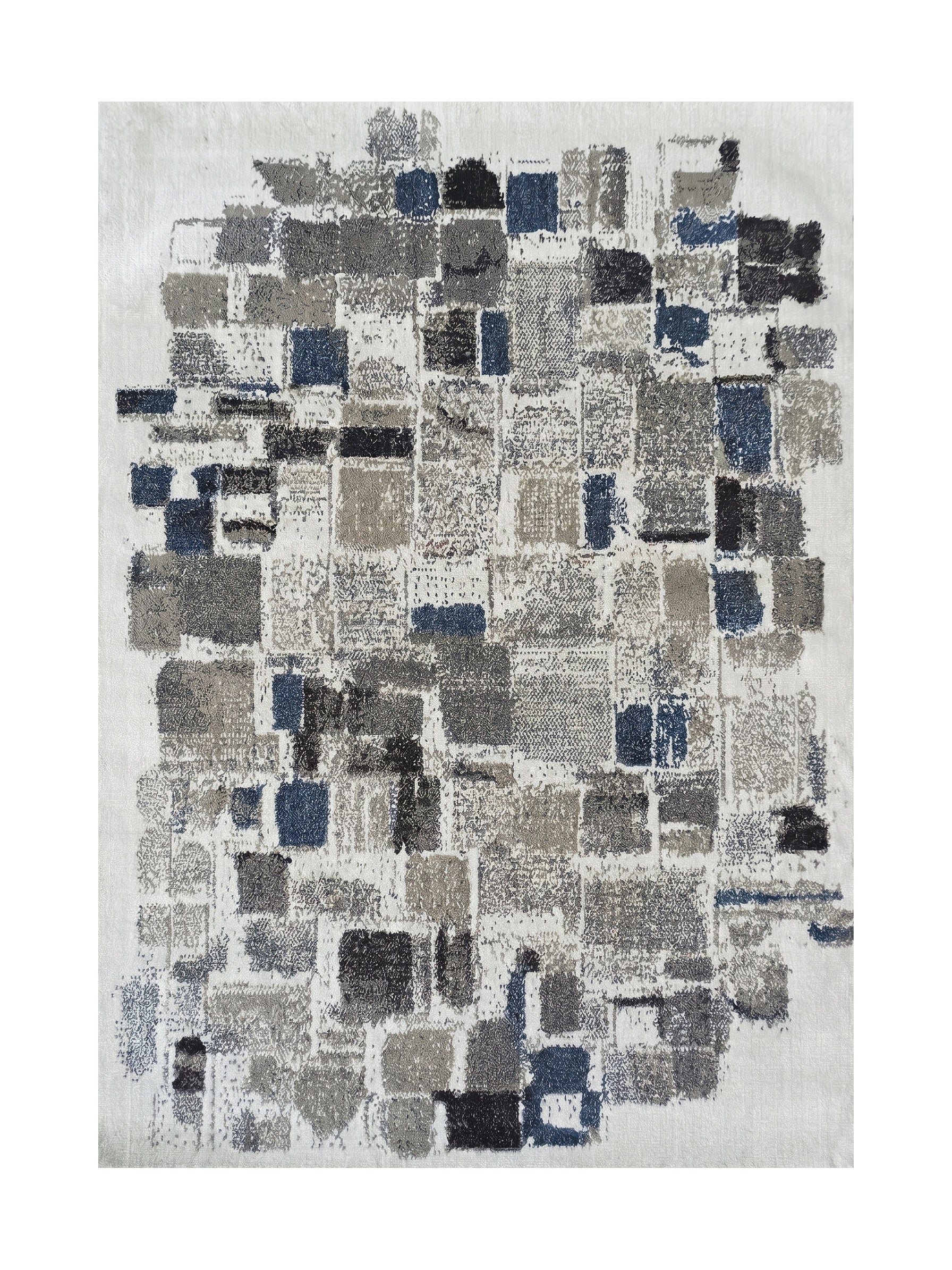 Tapis rectangulaire à motif abstrait de carreaux gris, bleus et noirs sur fond clair, avec une texture douce