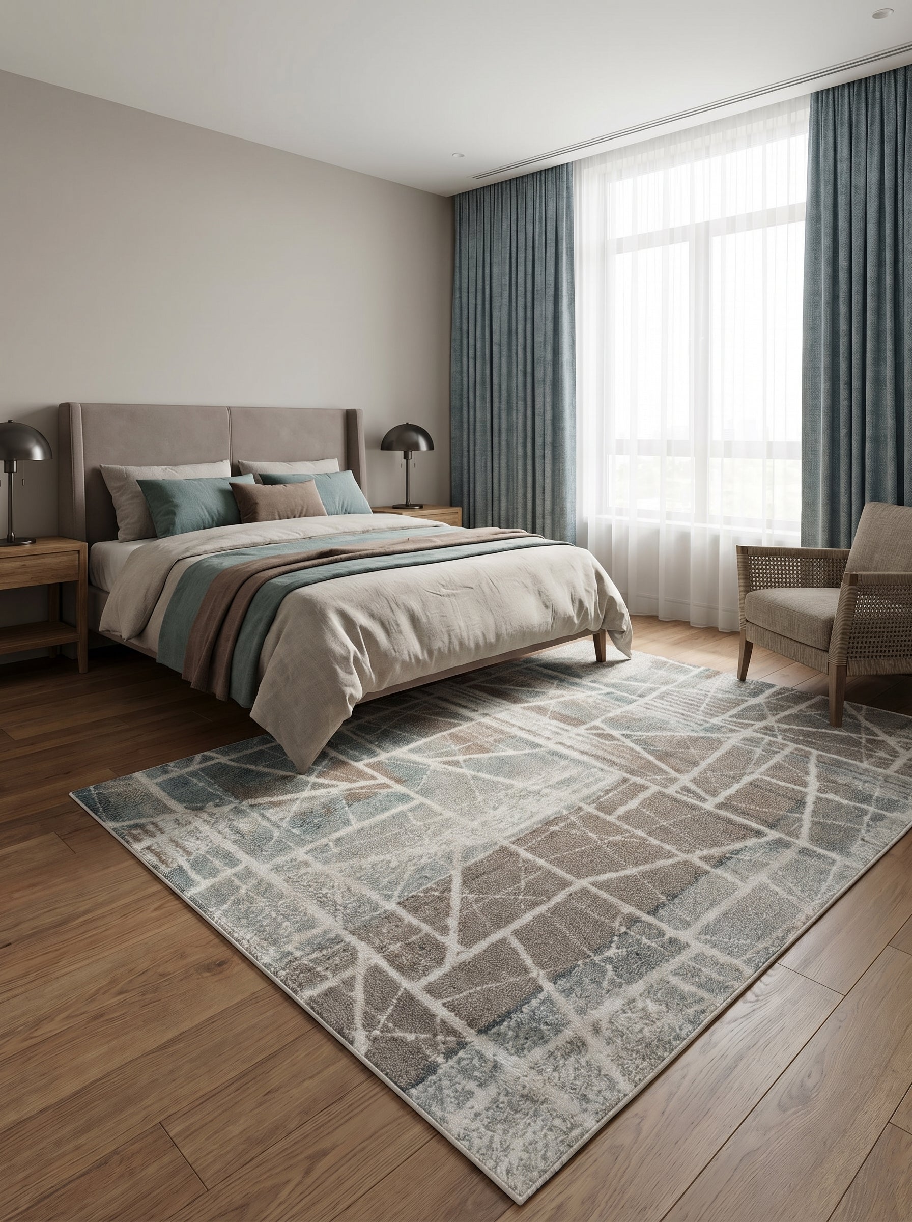 Tapis rectangulaire à motifs géométriques de lignes blanches irrégulières sur fond bleu sarcelle, marron et gris, dans une chambre