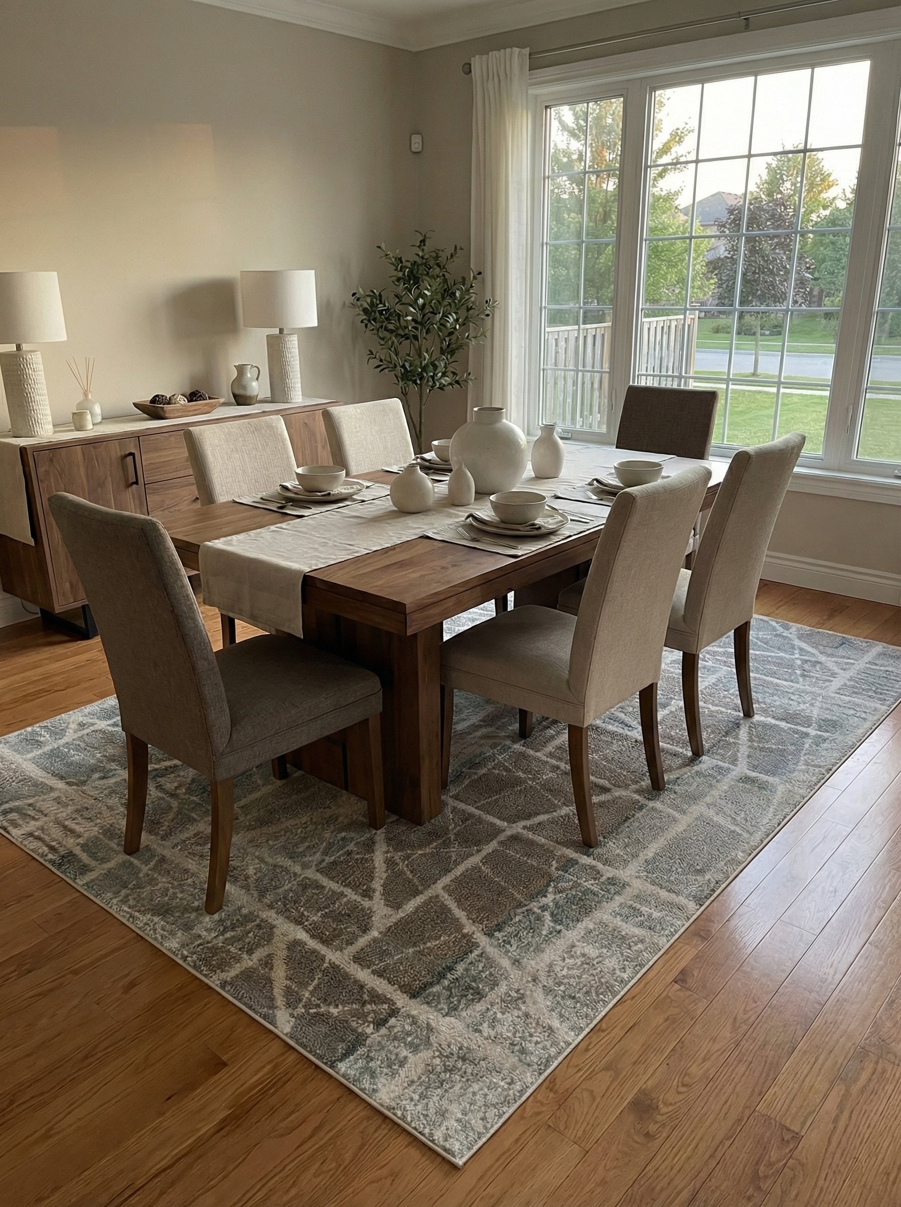Tapis rectangulaire gris, bleu et crème aux motifs géométriques abstraits et aspect vieilli, dans une salle à manger
