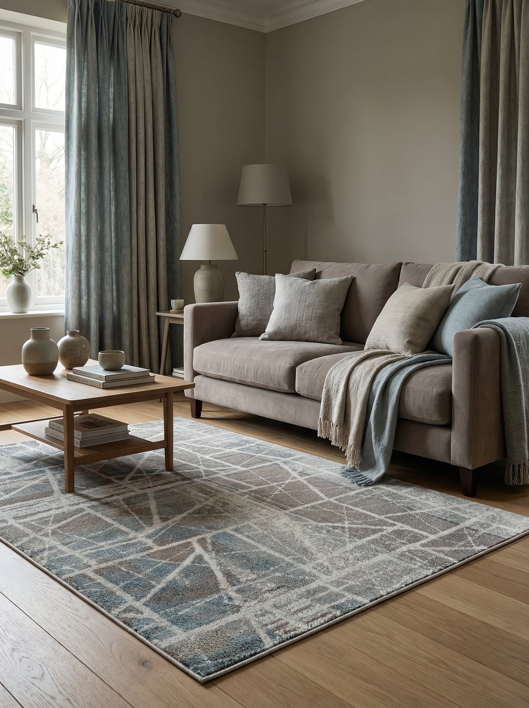 Tapis rectangulaire à motifs géométriques abstraits gris, bleus et beiges avec des lignes blanches, sur un parquet de salon