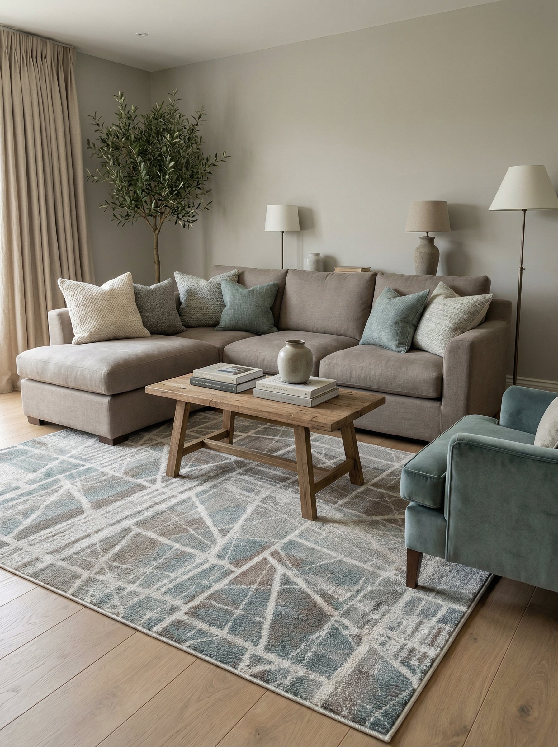 Tapis rectangulaire à motifs géométriques abstraits bleus, gris, marron et blanc cassé sur un parquet de salon