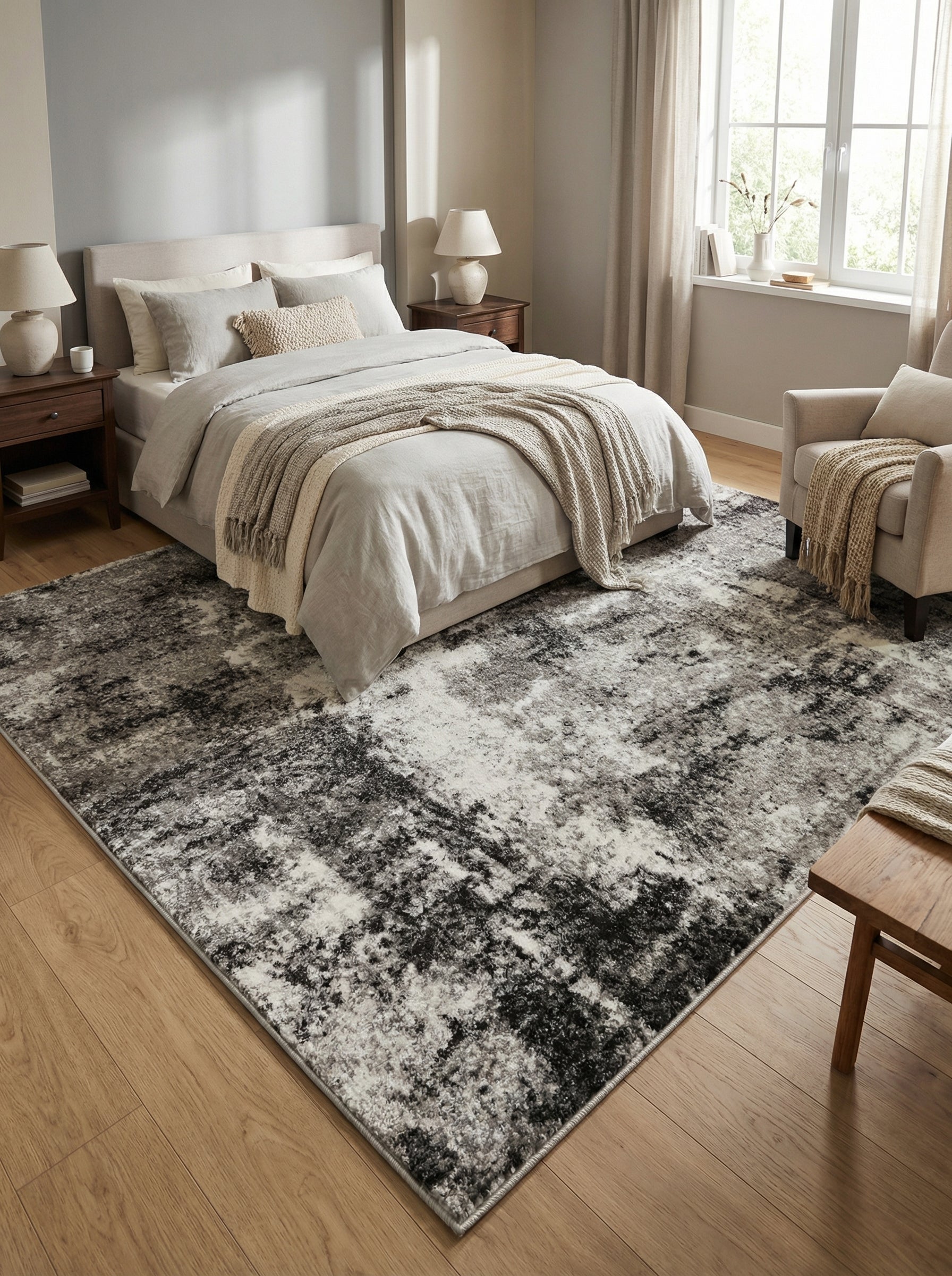 Grand tapis rectangulaire aux motifs abstraits et texturés, mêlant le noir, le blanc et diverses nuances de gris, dans une chambre