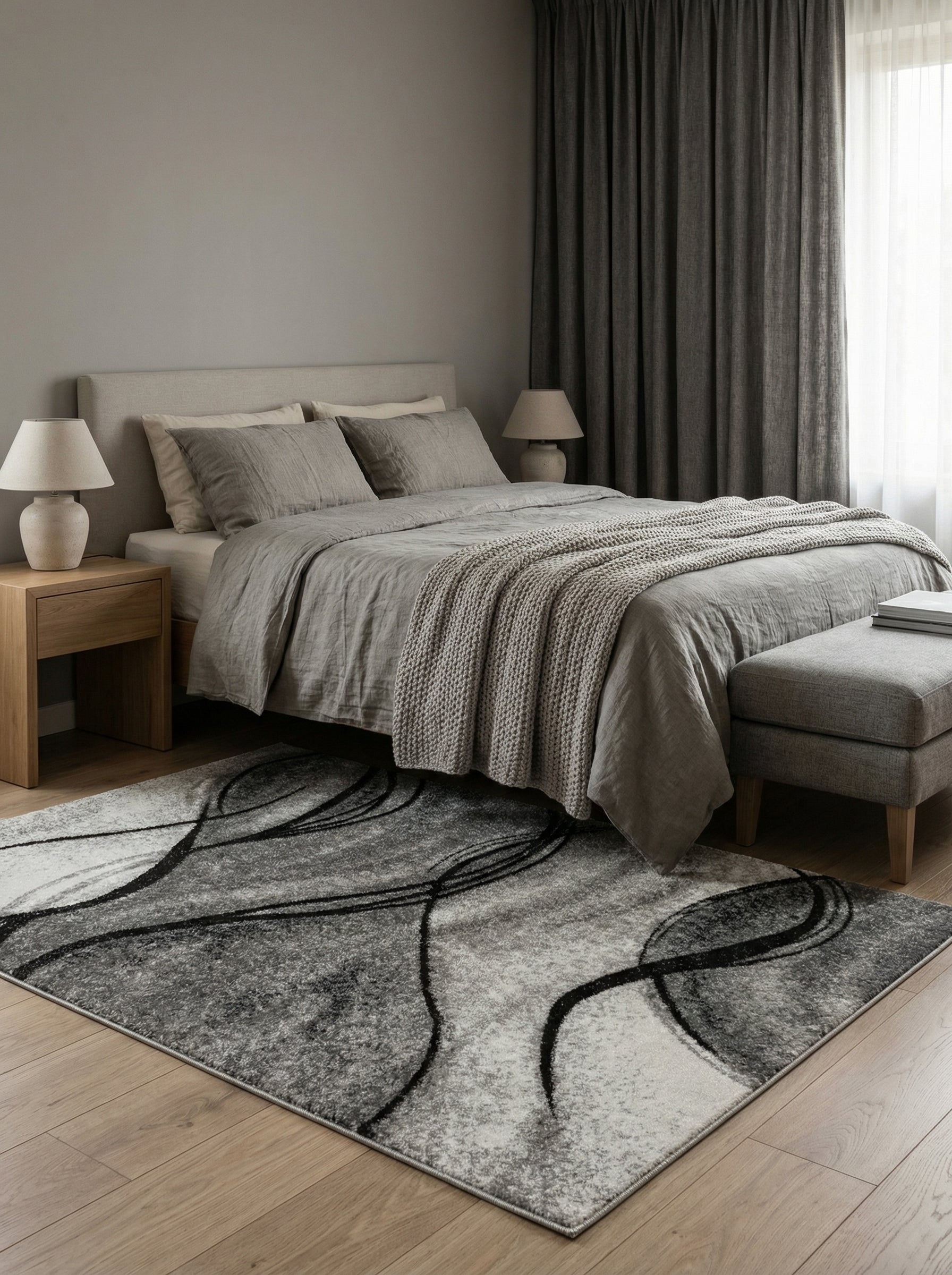 Tapis rectangulaire gris, noir et blanc avec des motifs abstraits de lignes ondulantes, posé sur un parquet dans une chambre