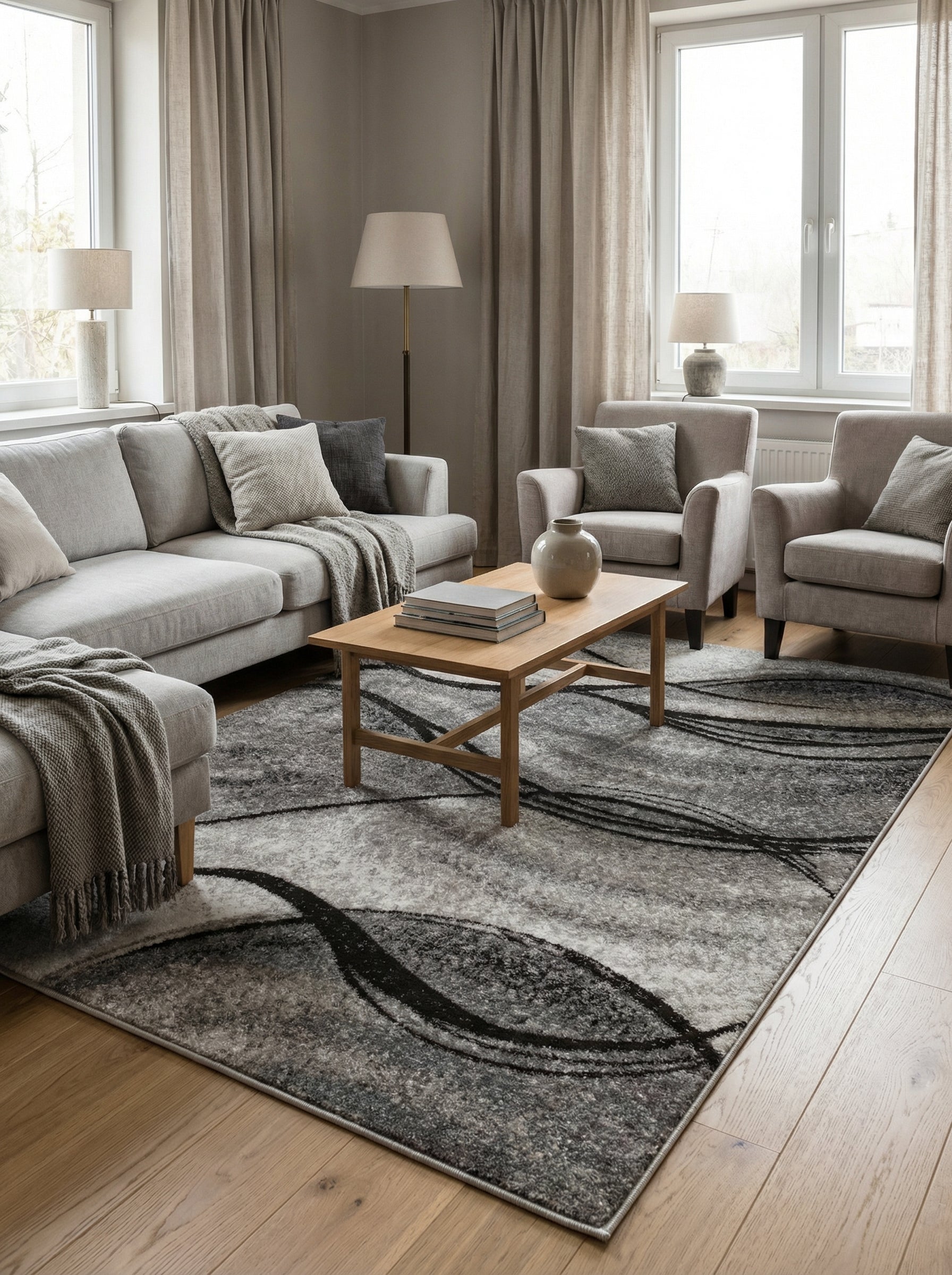 Tapis rectangulaire gris chiné et noir aux motifs abstraits ondulants, posé sur le sol d'un salon aux teintes claires