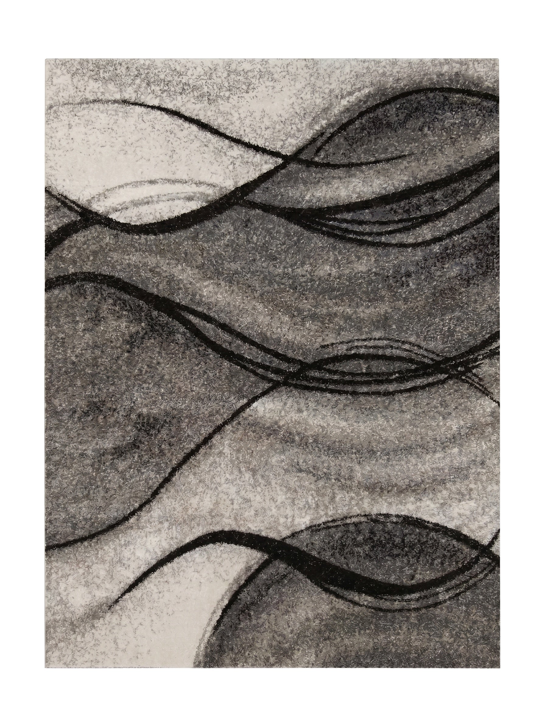 Tapis rectangulaire aux motifs abstraits et ondulés en dégradés de gris, noir et blanc, avec une texture douce