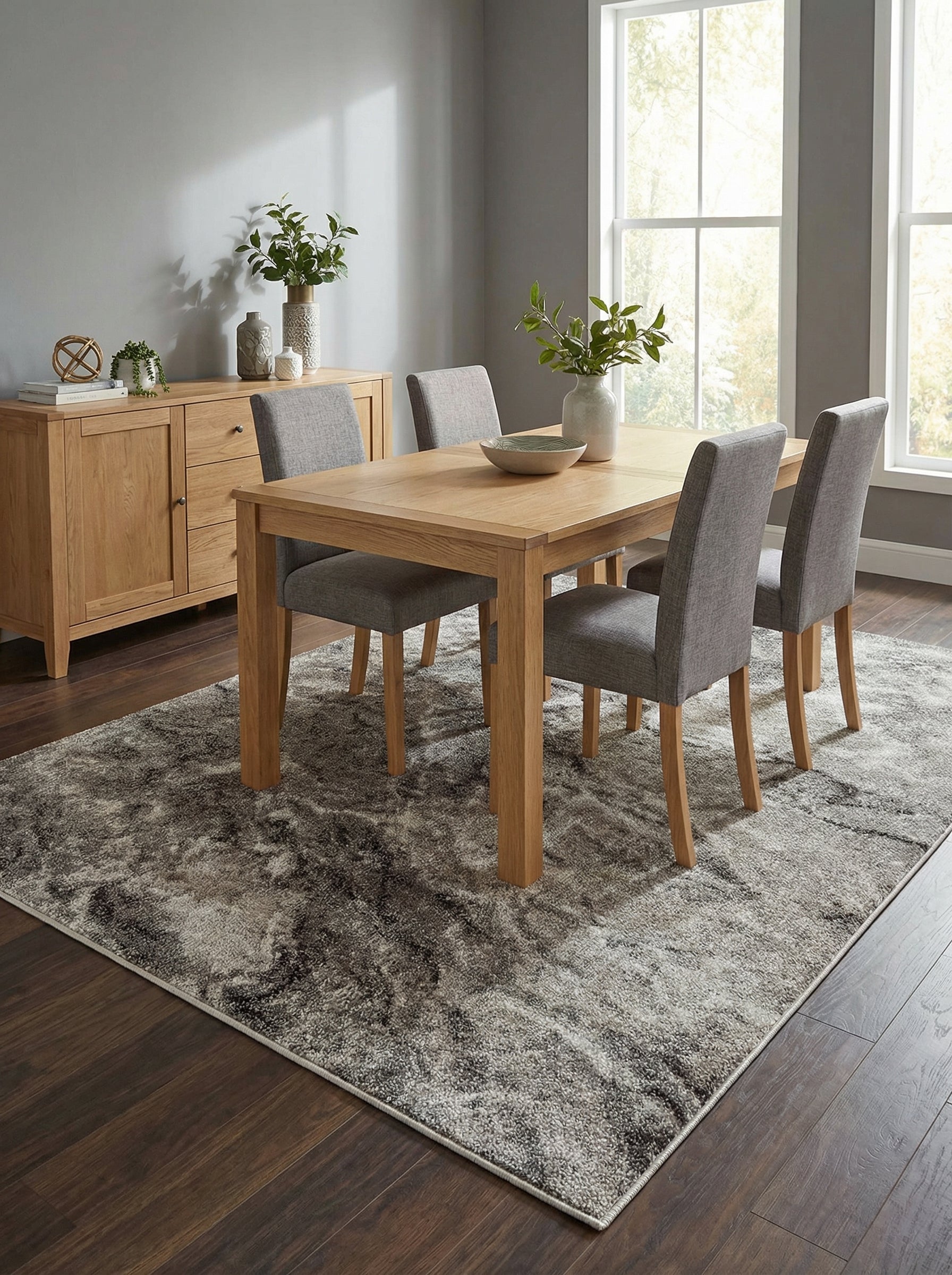 Tapis rectangulaire aux tons de gris, blanc et noir, avec des motifs abstraits texturés, dans une salle à manger lumineuse