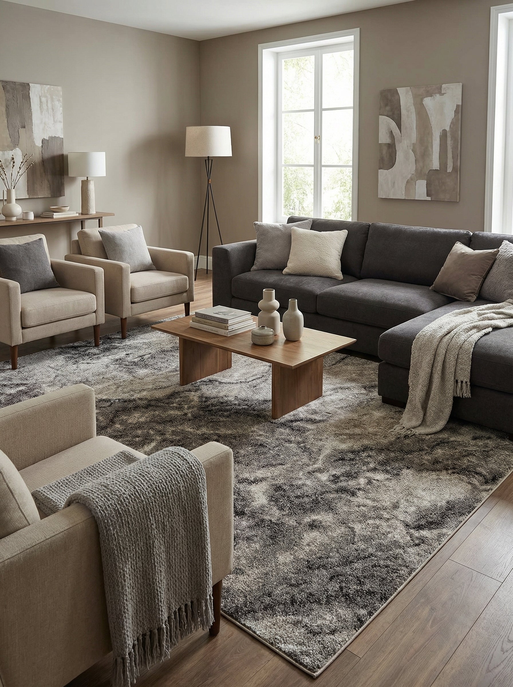 Tapis rectangulaire à poils longs, motifs abstraits gris foncé et clair, posé sur un parquet dans un salon moderne