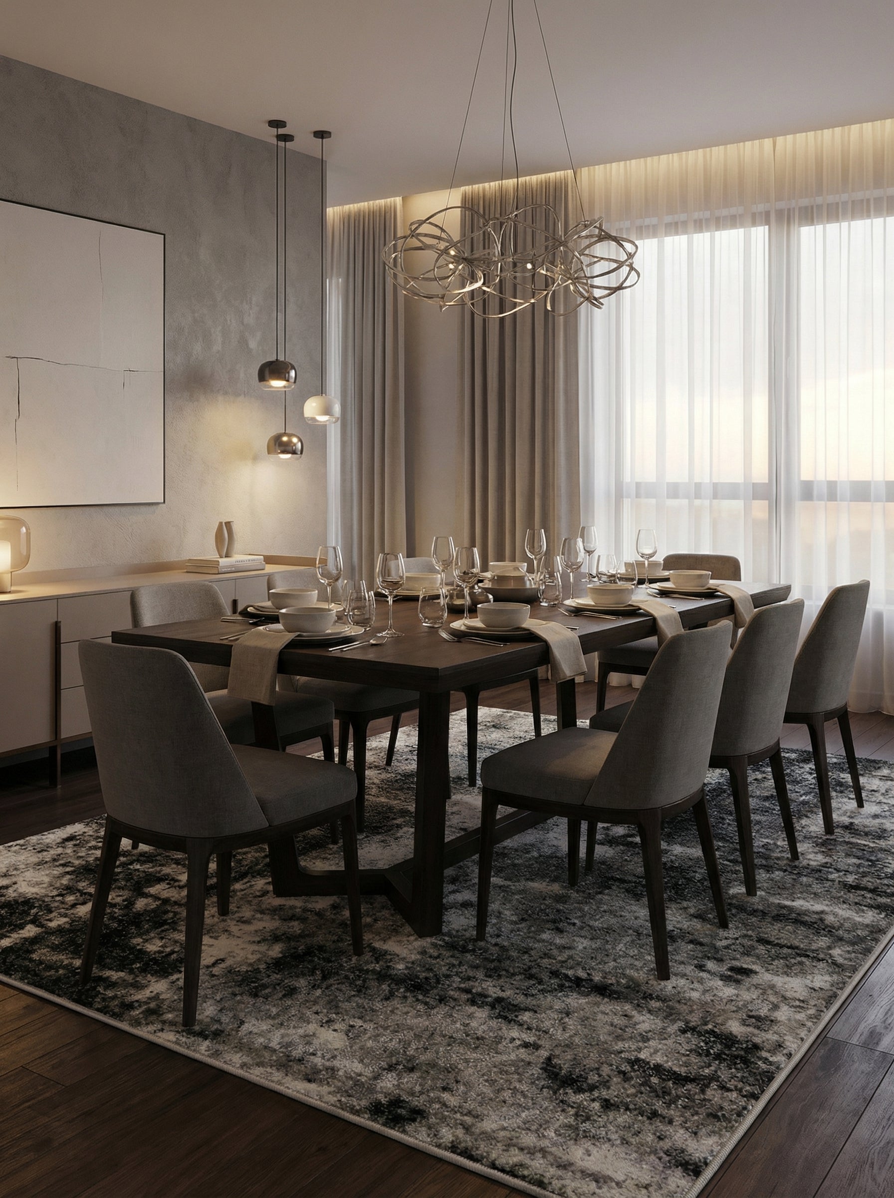 Tapis rectangulaire aux motifs abstraits marbrés de noir, gris et blanc, dans une salle à manger moderne