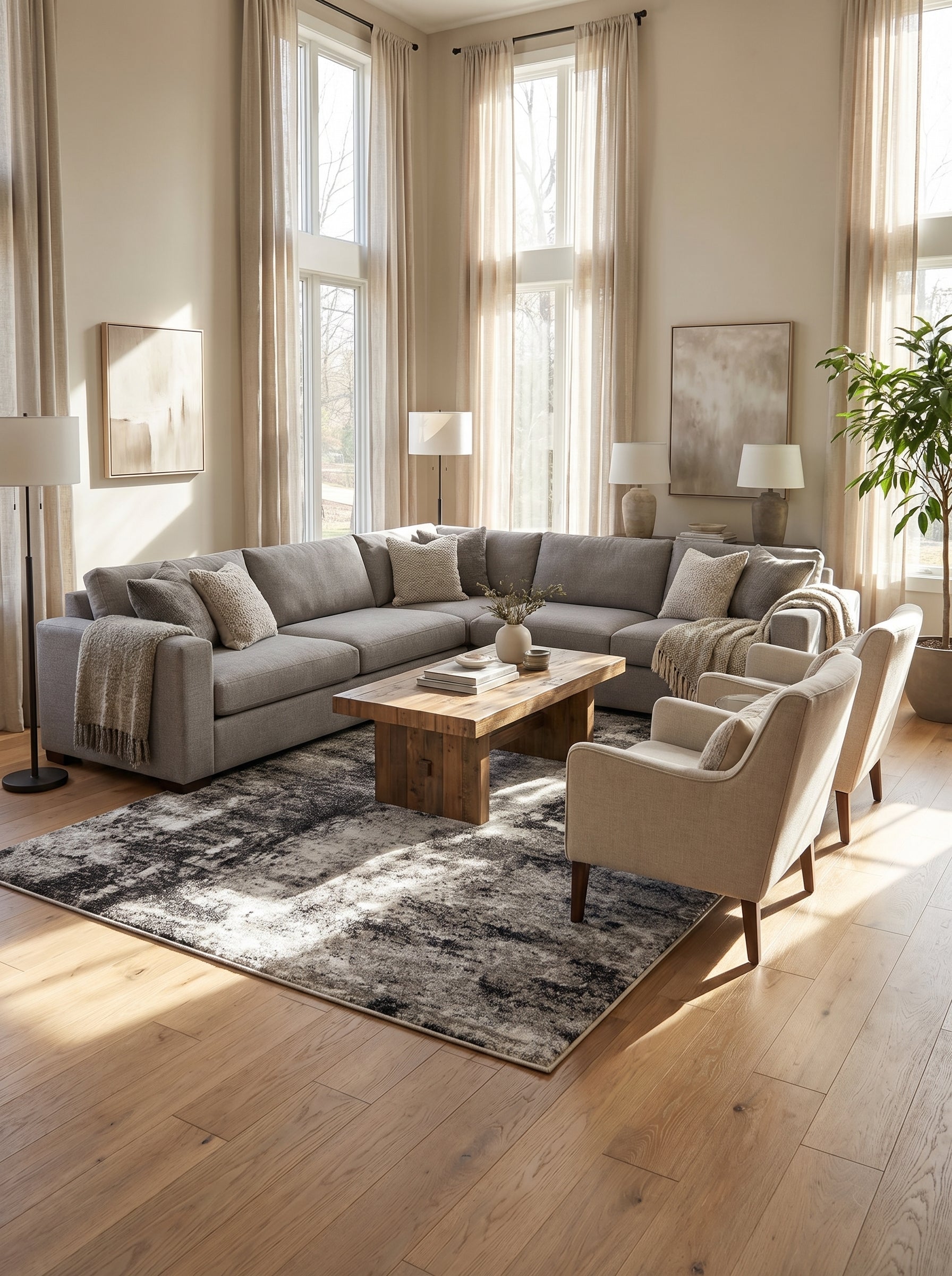 Tapis rectangulaire à motifs abstraits noirs, gris et blancs sur un sol en bois clair dans un salon