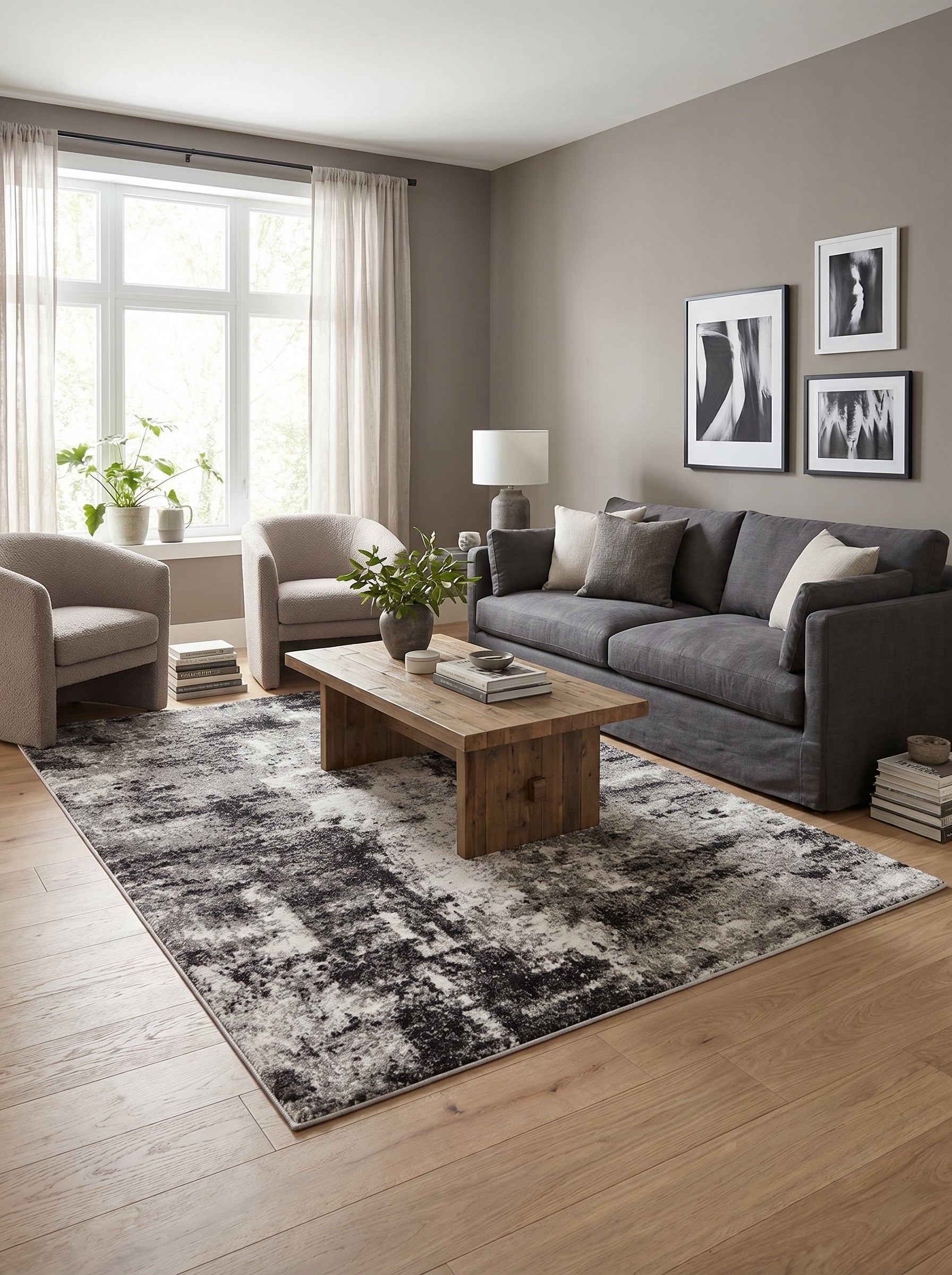 Tapis rectangulaire aux motifs abstraits noirs, gris et blancs effet délavé, posé sur un parquet clair dans un salon
