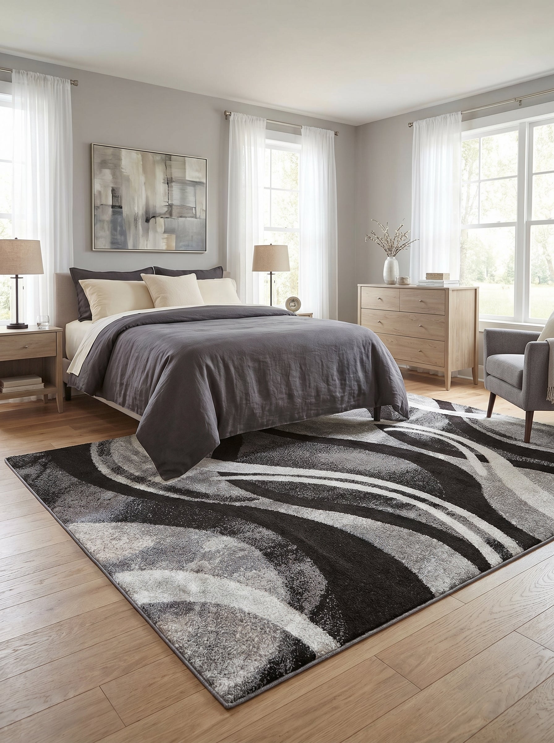 Tapis rectangulaire moelleux à motifs abstraits et dynamiques de larges ondes noires, grises et blanches, dans une chambre moderne