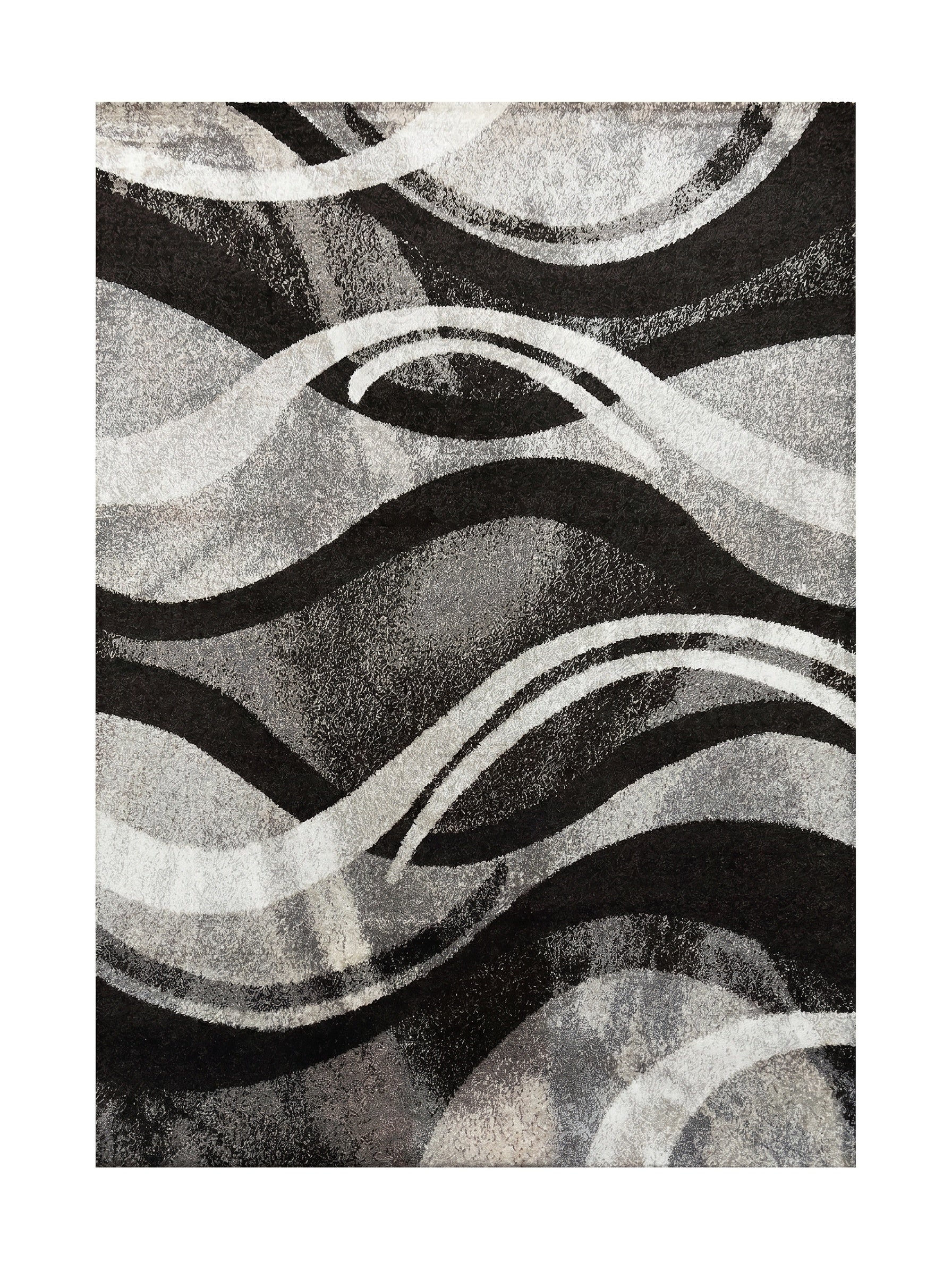 Tapis rectangulaire à poils mi-longs, motif abstrait de vagues noires, grises et blanches