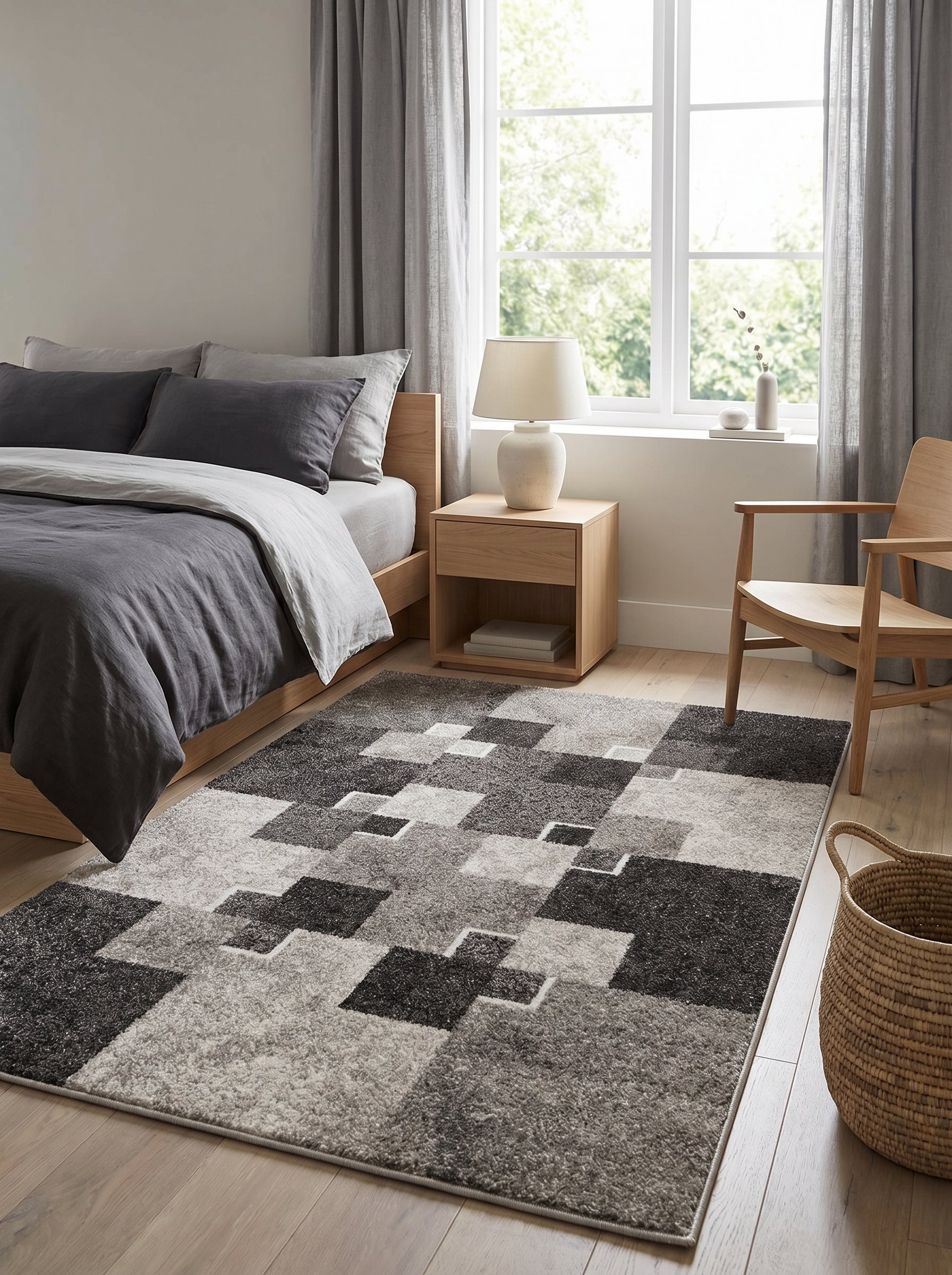 Tapis rectangulaire moelleux aux motifs géométriques de carrés gris clair, moyen et anthracite sur un parquet clair dans une chambre lumineuse