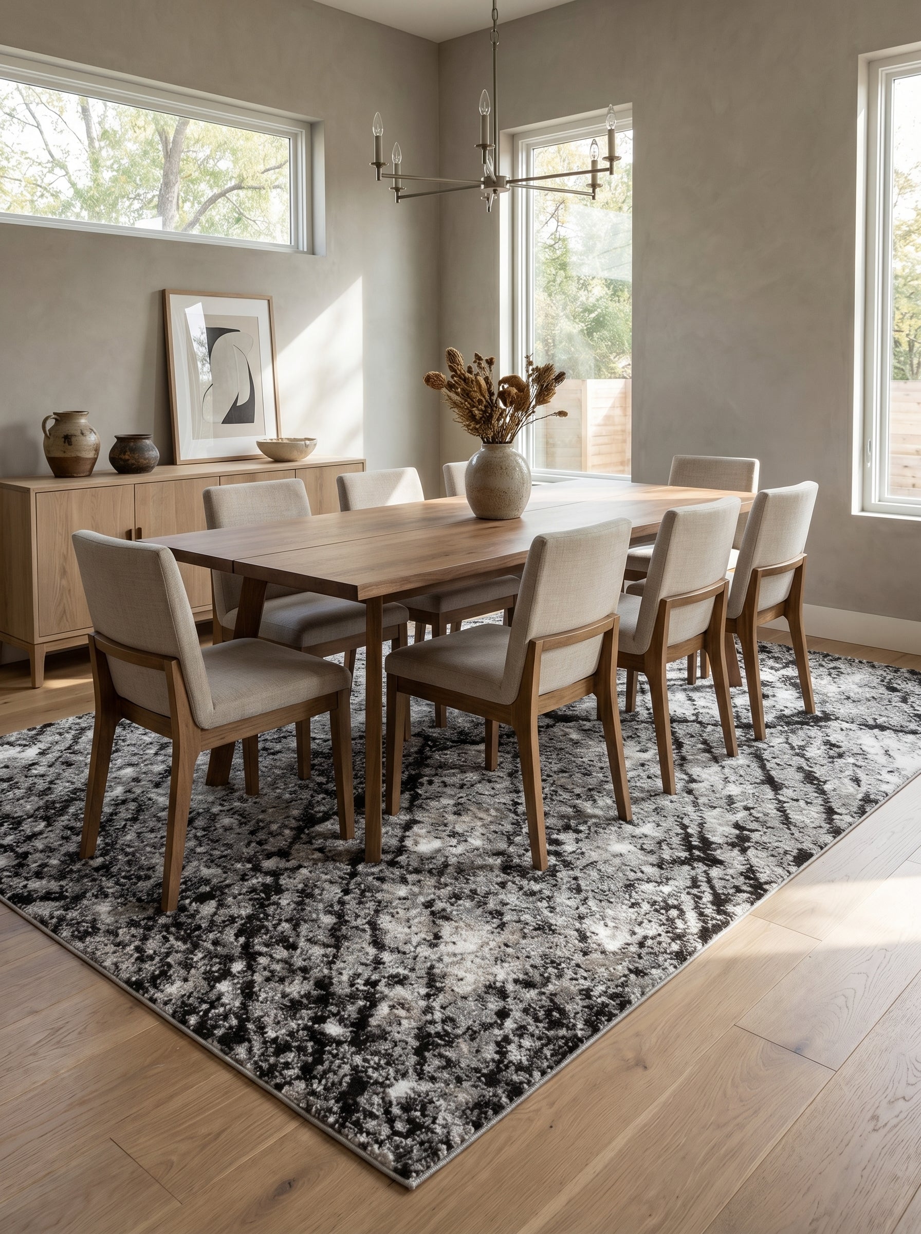Tapis rectangulaire à motifs abstraits noirs, gris et blancs posé sur un parquet clair dans une salle à manger