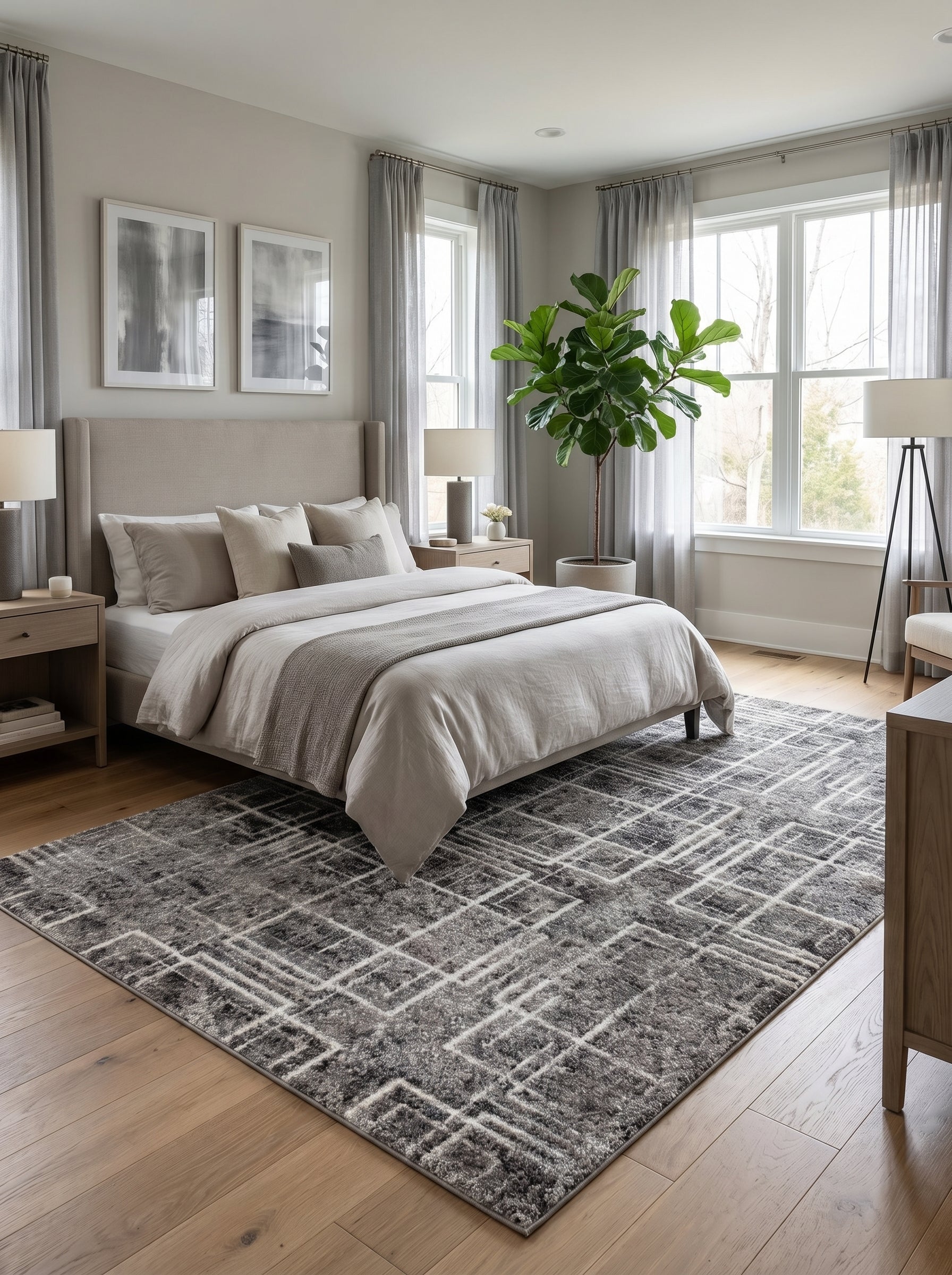 Grand tapis gris texturé aux motifs géométriques abstraits de lignes blanches, posé sur un parquet clair dans une chambre moderne