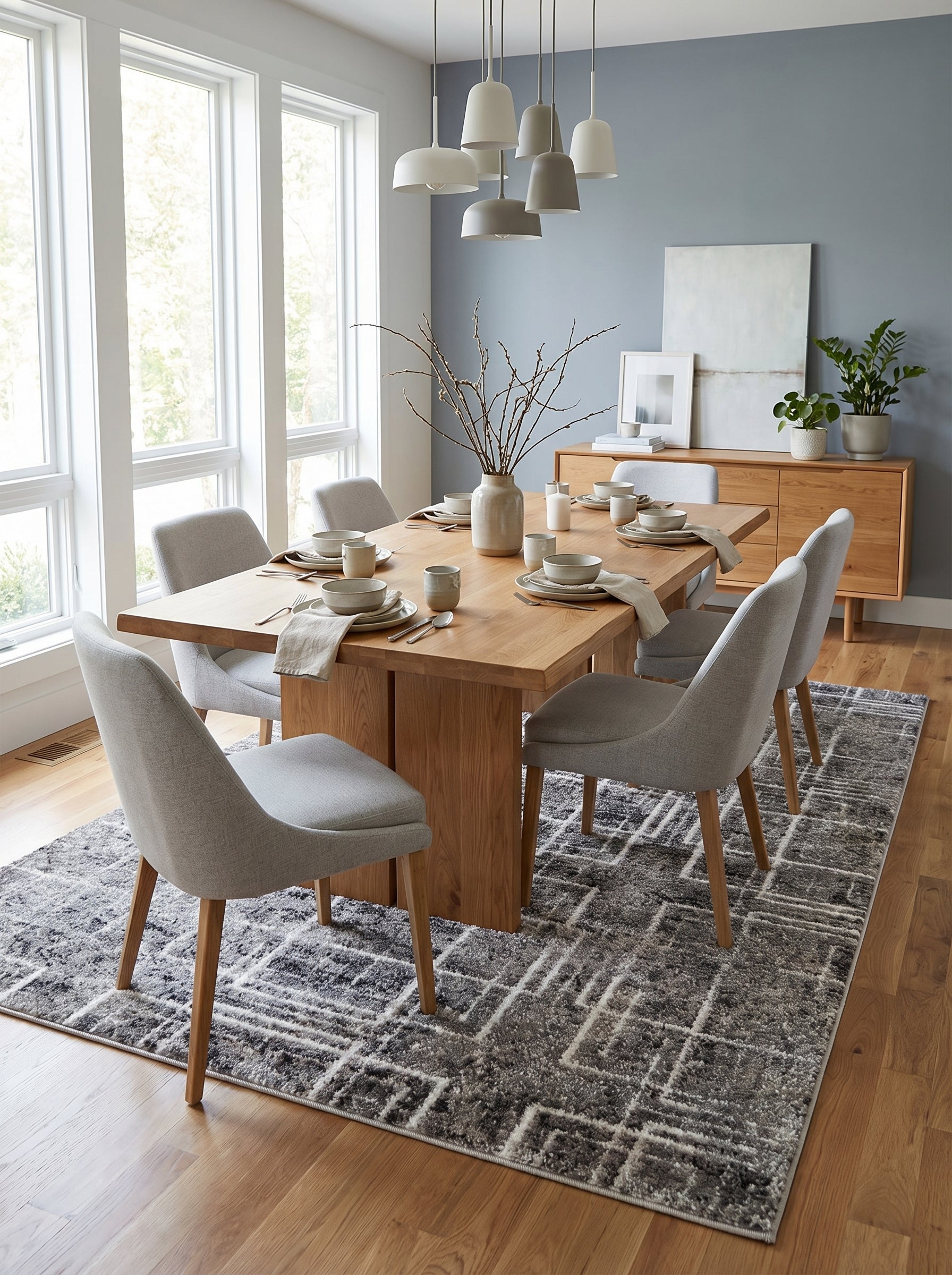 Tapis rectangulaire gris anthracite, gris clair et blanc cassé aux motifs géométriques abstraits, posé dans une salle à manger moderne