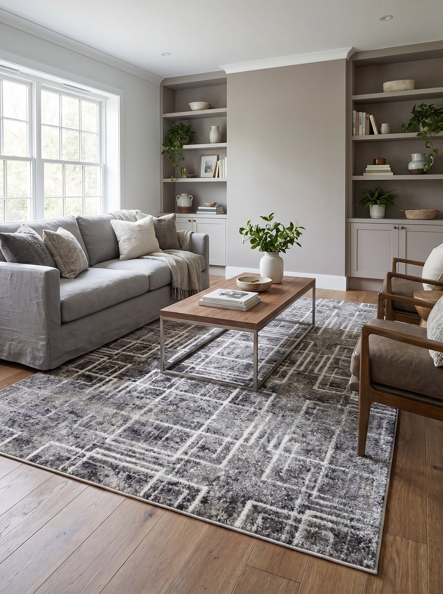 Tapis rectangulaire gris anthracite, gris clair et blanc cassé aux motifs géométriques abstraits texturés, posé sur un parquet dans un salon