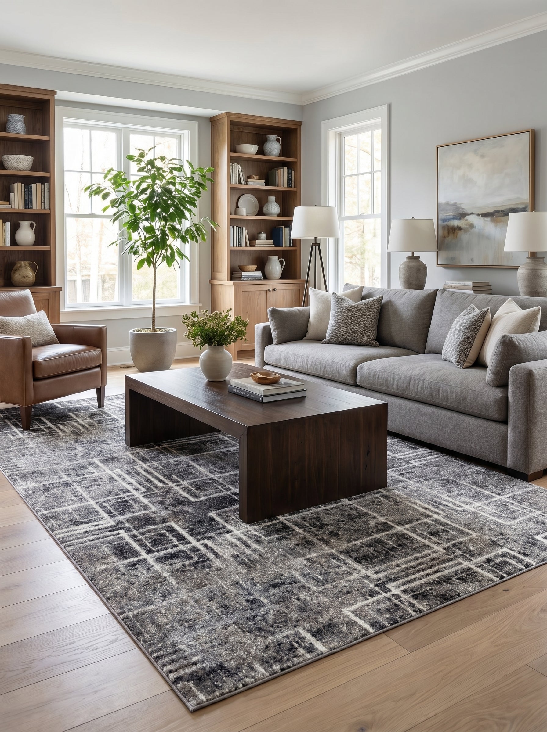 Tapis rectangulaire gris foncé et noir avec des motifs géométriques abstraits texturés en clair, dans un salon moderne