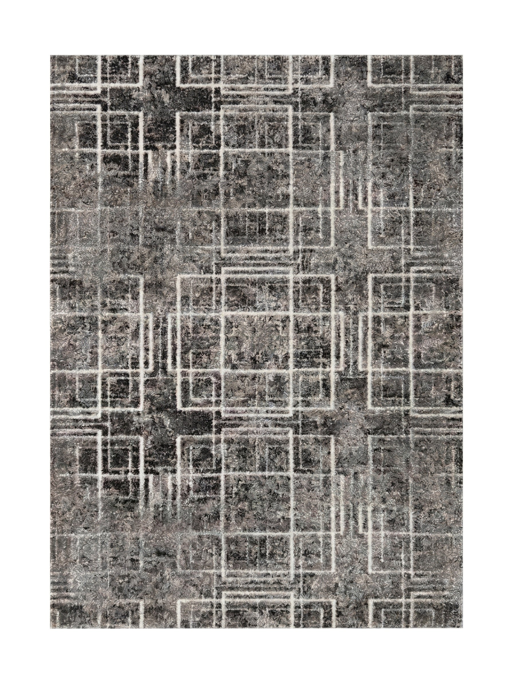 Tapis à poils gris chiné, orné de motifs géométriques abstraits de rectangles et carrés blancs