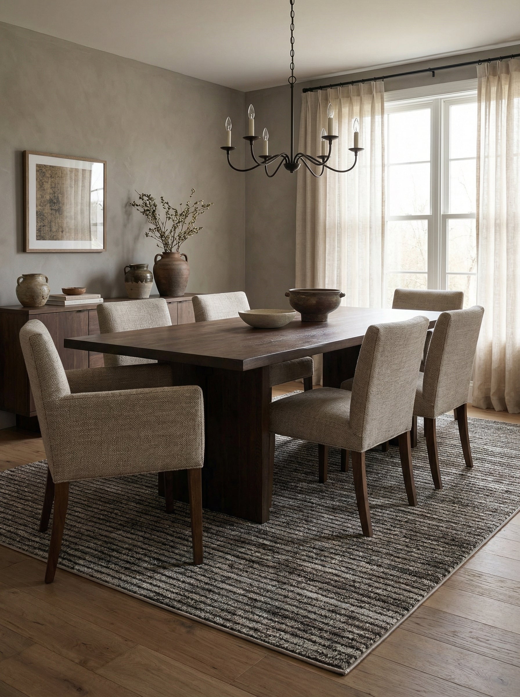 Tapis rectangulaire texturé aux motifs de rayures horizontales irrégulières gris anthracite et beige clair, posé sous une table de salle à manger